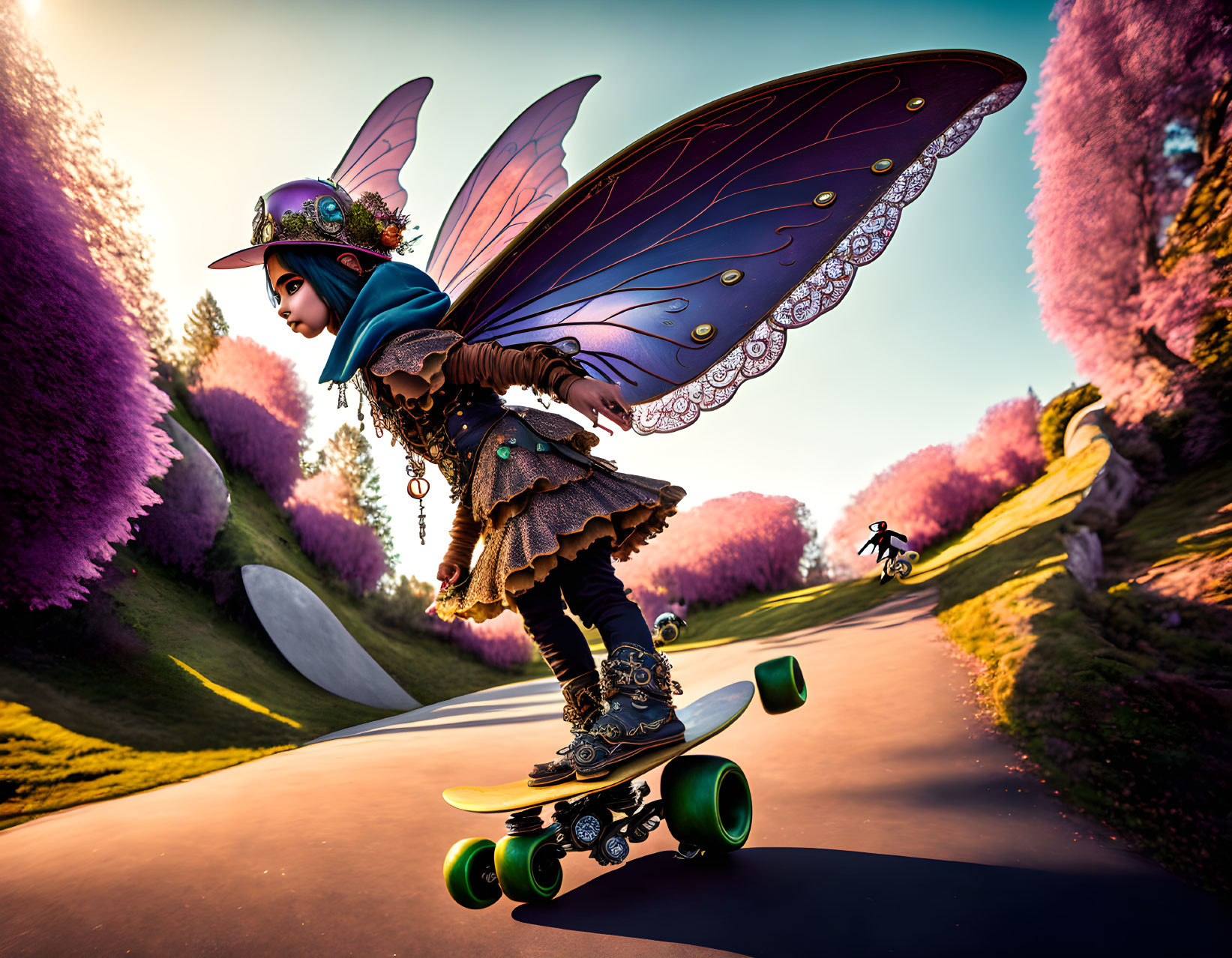 Fairy costume person skateboarding in vibrant pink tree scenery