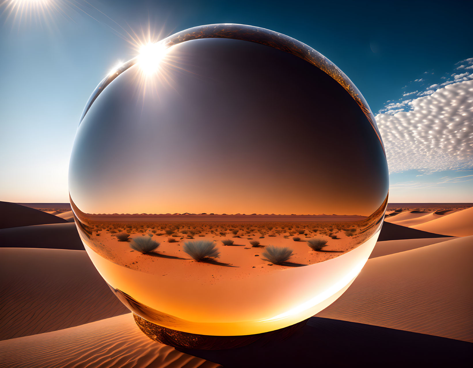 Egg-shaped reflective object in desert with lens flare and sand dunes