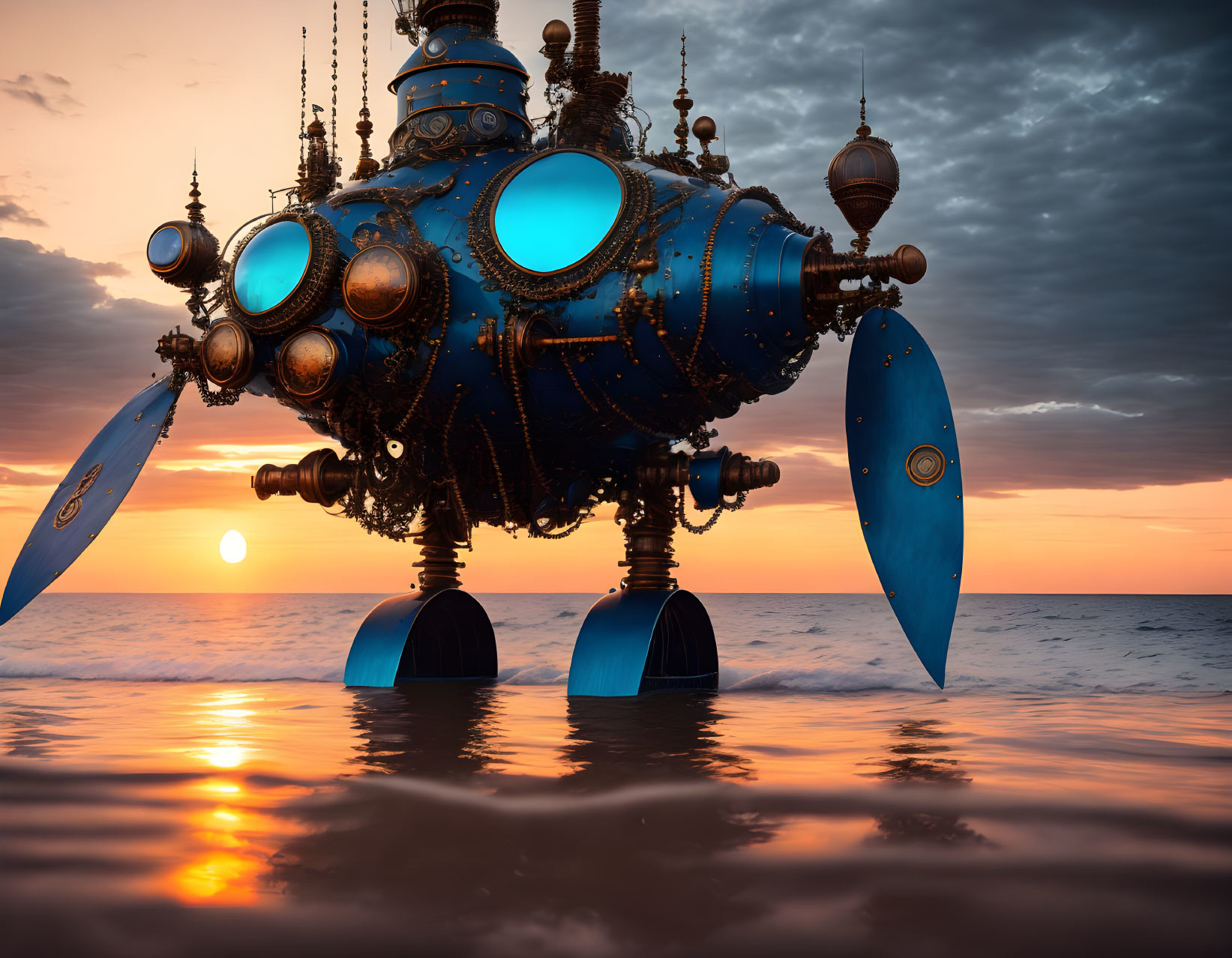 Ornate fantastical submarine at sunset on ocean