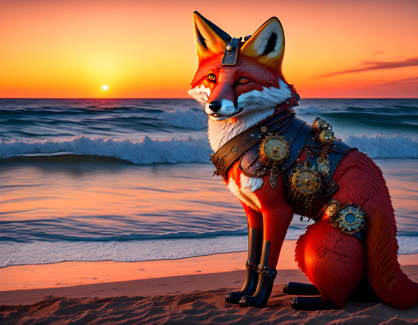 Steampunk fox with mechanical parts on sunset beach.