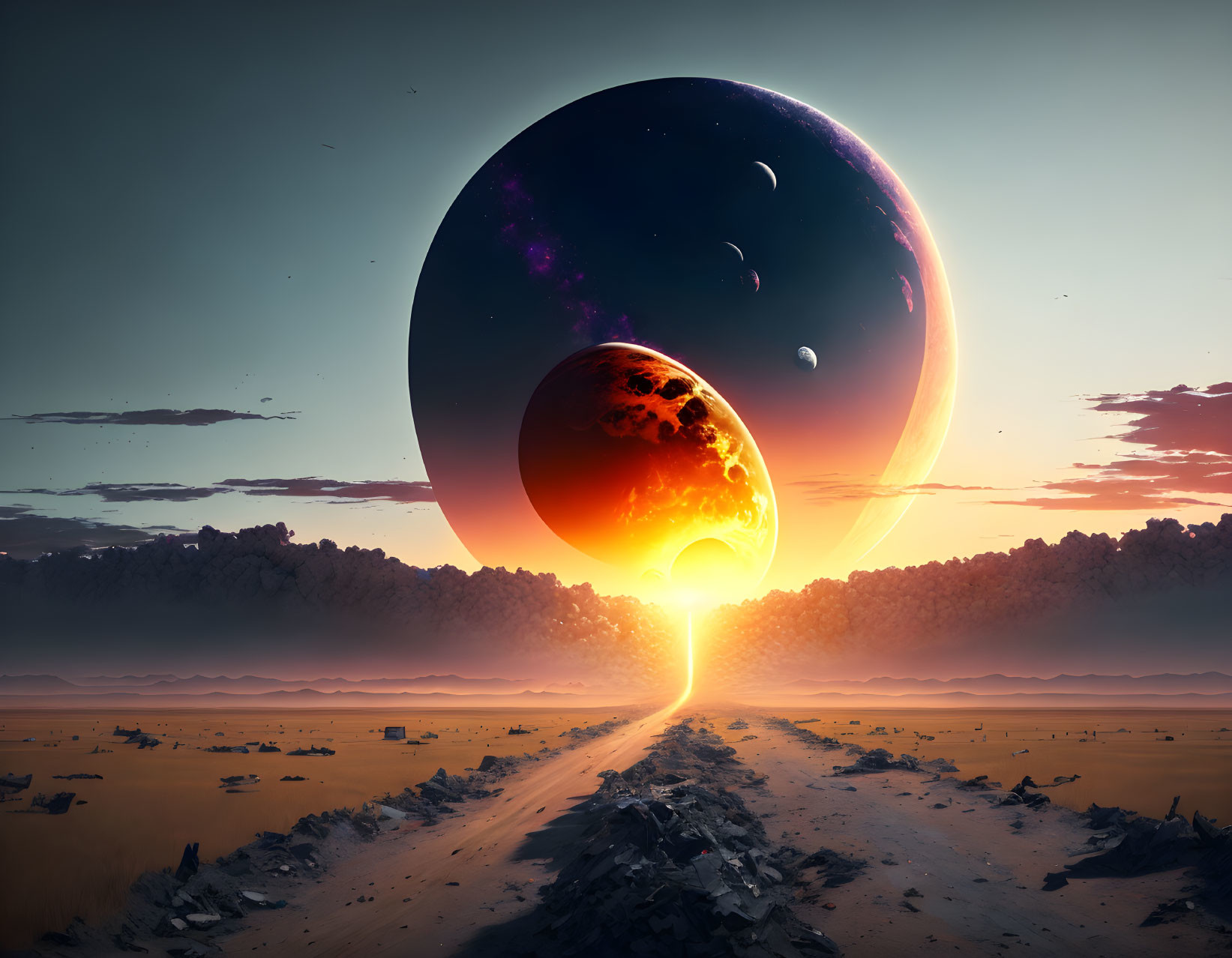 Surreal landscape with glowing celestial bodies in desolate dusk terrain