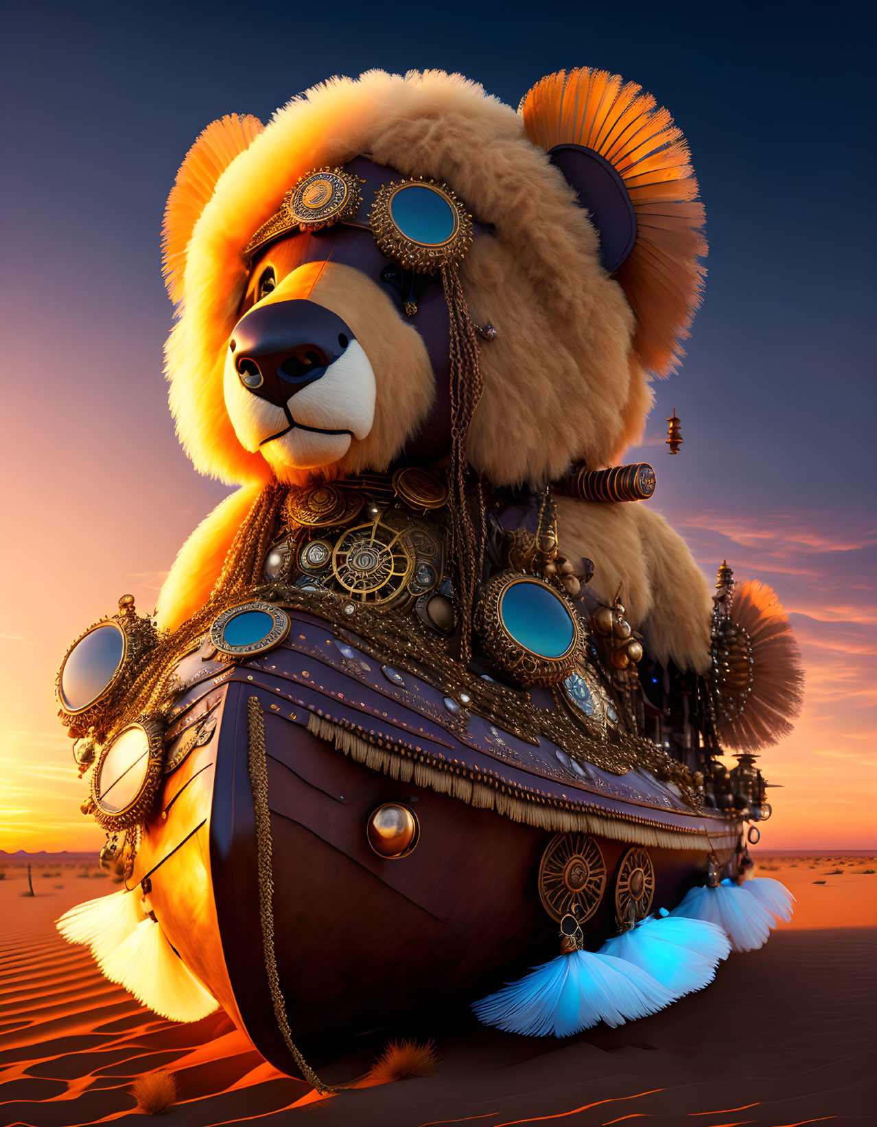 Steampunk Mech Bear Illustration in Sunset Desert Setting