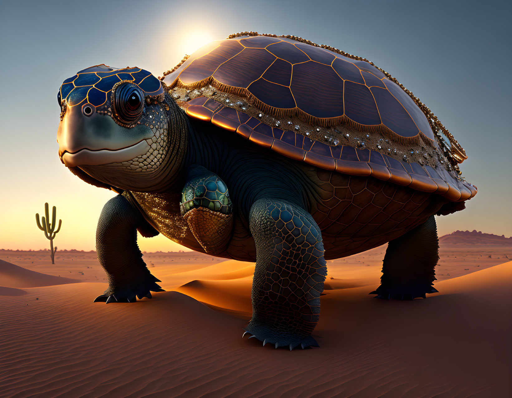 Digital artwork: Turtle with mosaic shell in desert sunset scene