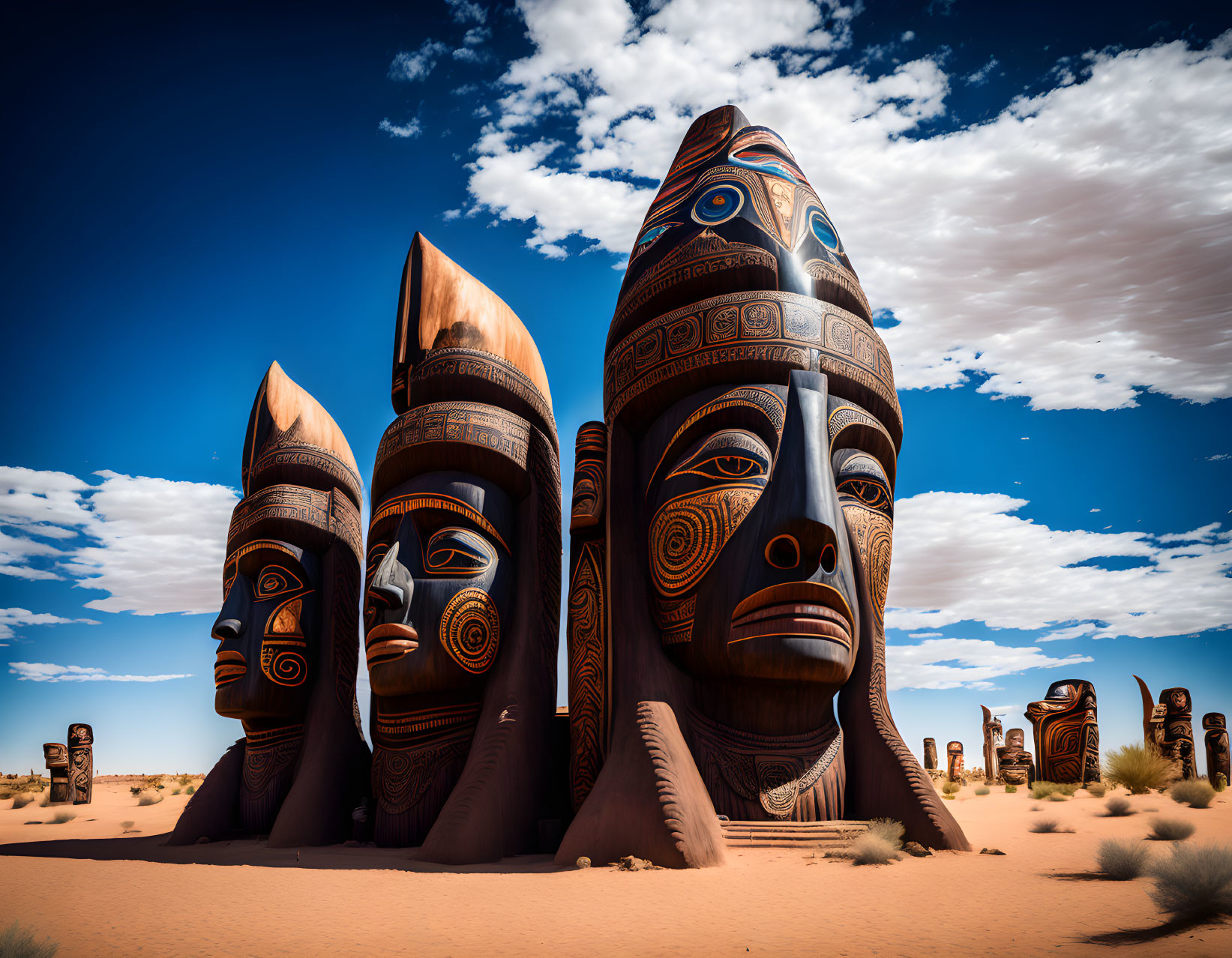 Colossal tribal masks emerging from desert sand under blue sky