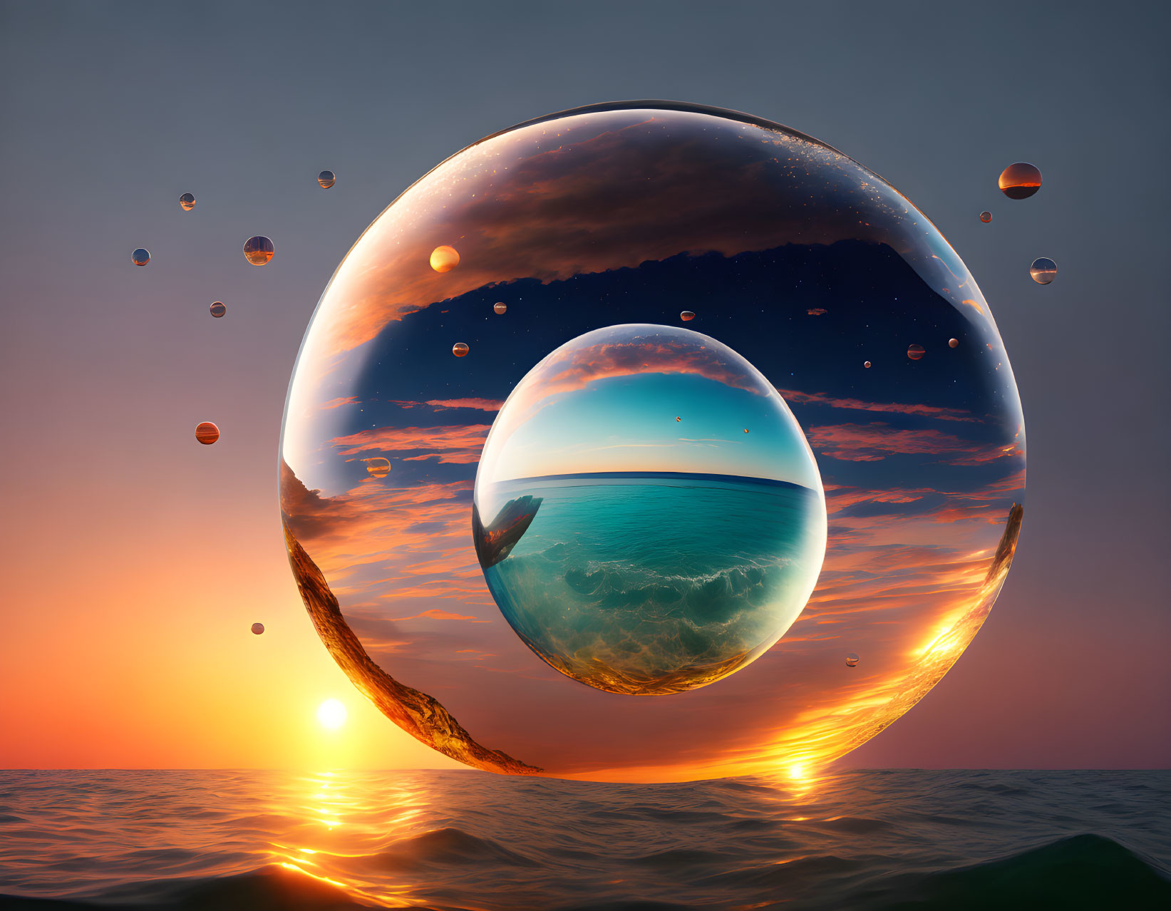 Transparent Spheres with Ocean and Sky Above Sea at Sunset