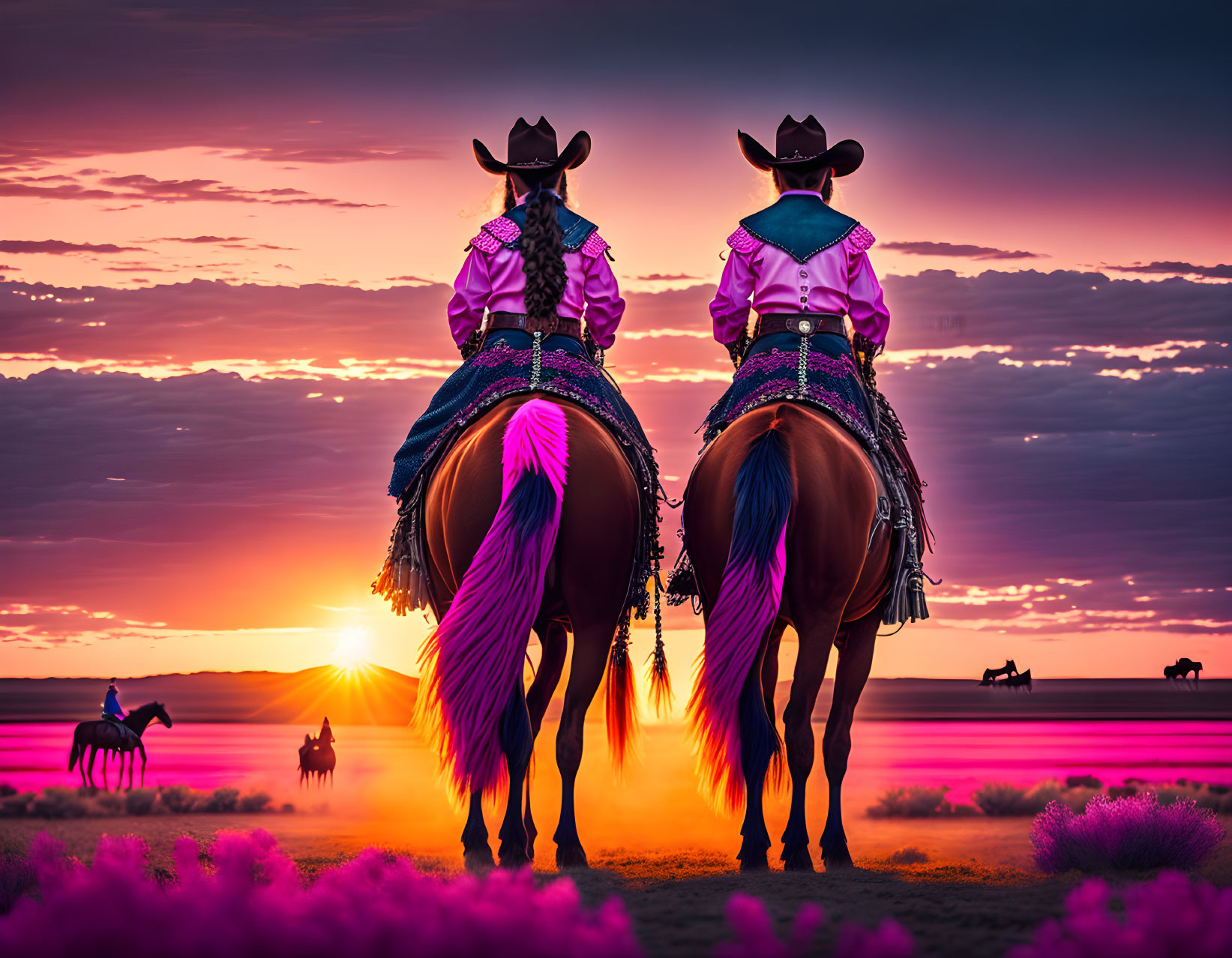 Cowgirls on Horseback at Sunset with Purple Accents