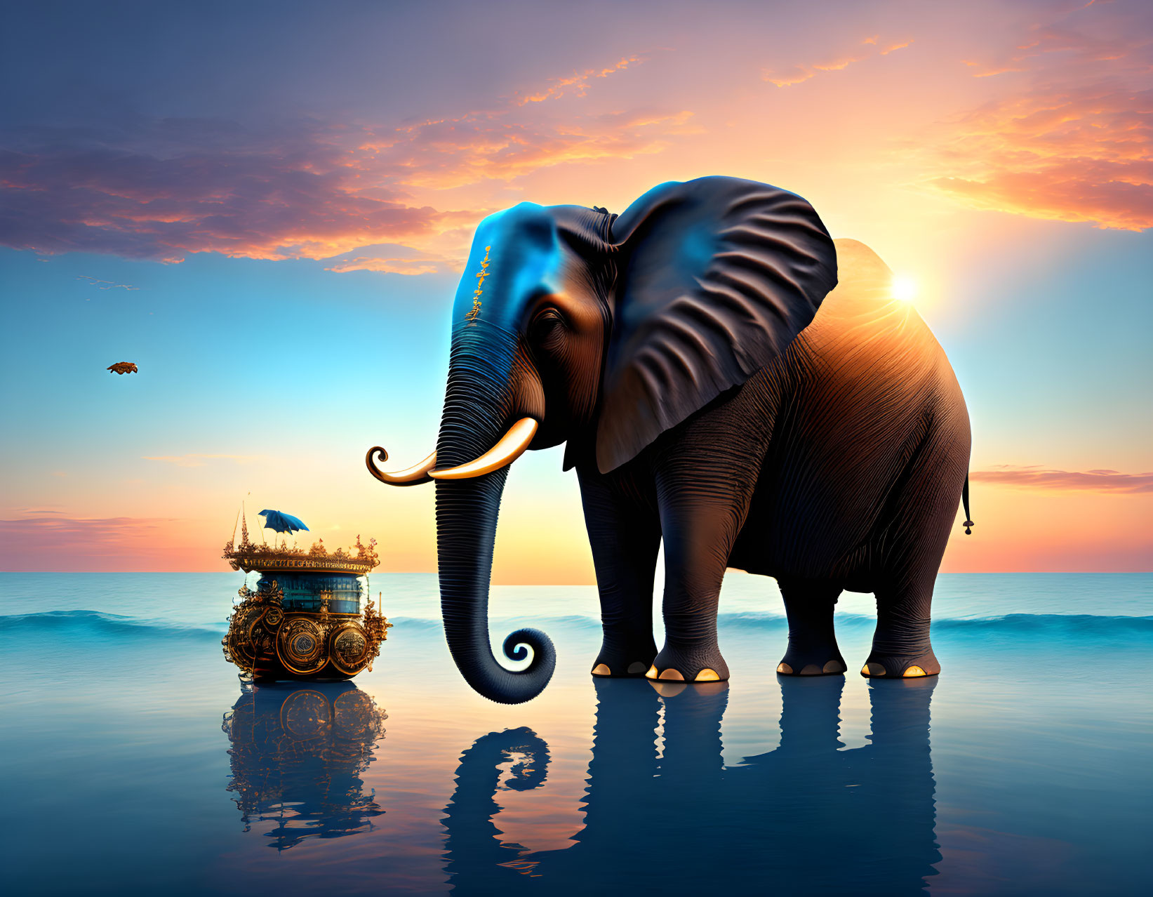 Elephant by the Sea at Sunset with Fantastical Floating Vehicle