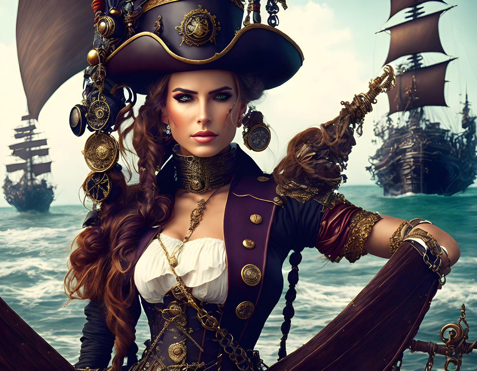 Elaborately dressed female pirate on ship deck with sea background