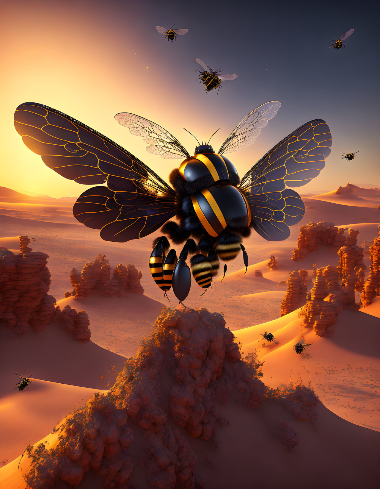 Giant bees fly over desert with orange sand and rock formations at dusk