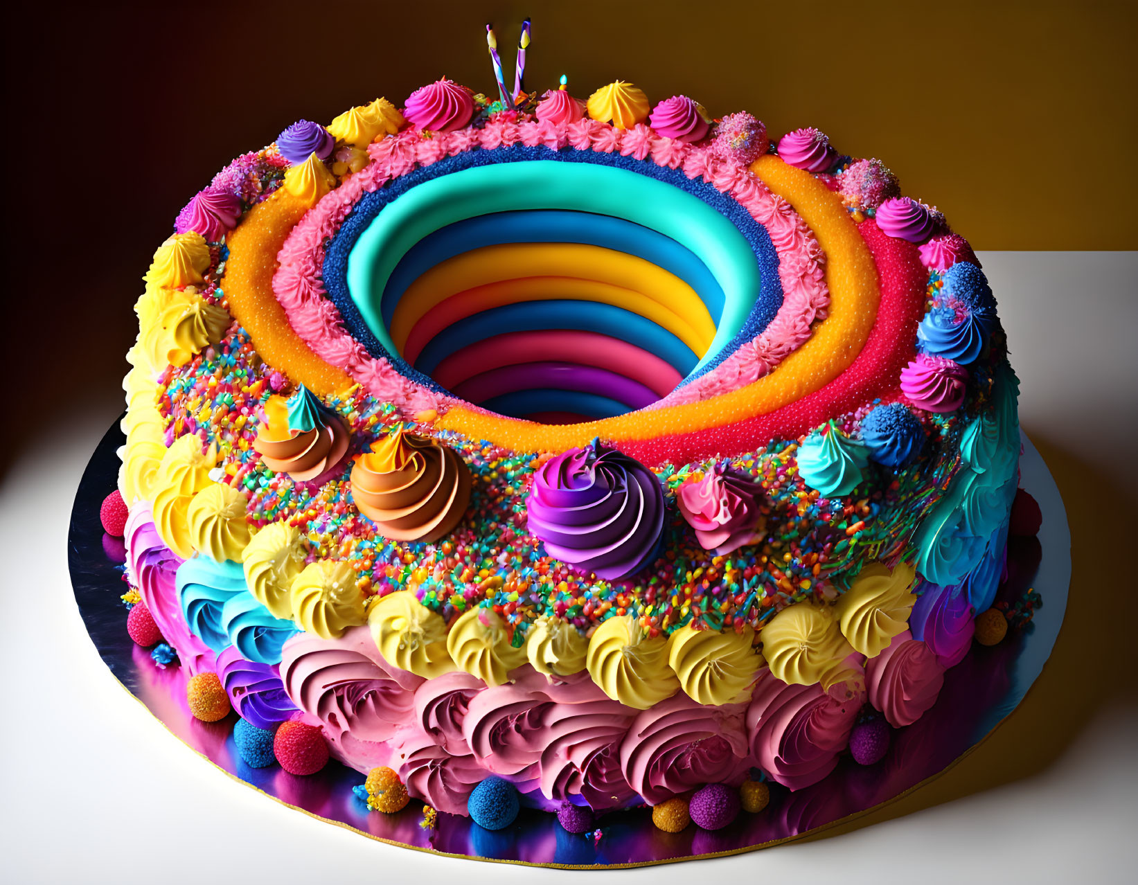 Colorful Layered Cake with Vibrant Frosting and Decorative Swirls & Sprinkles