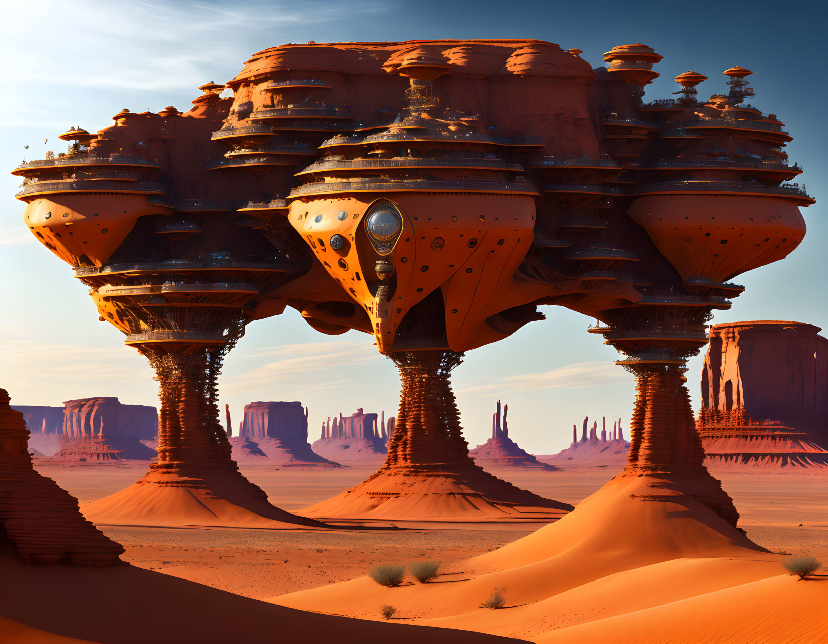 Futuristic cityscape with orange dome structures in desert landscape