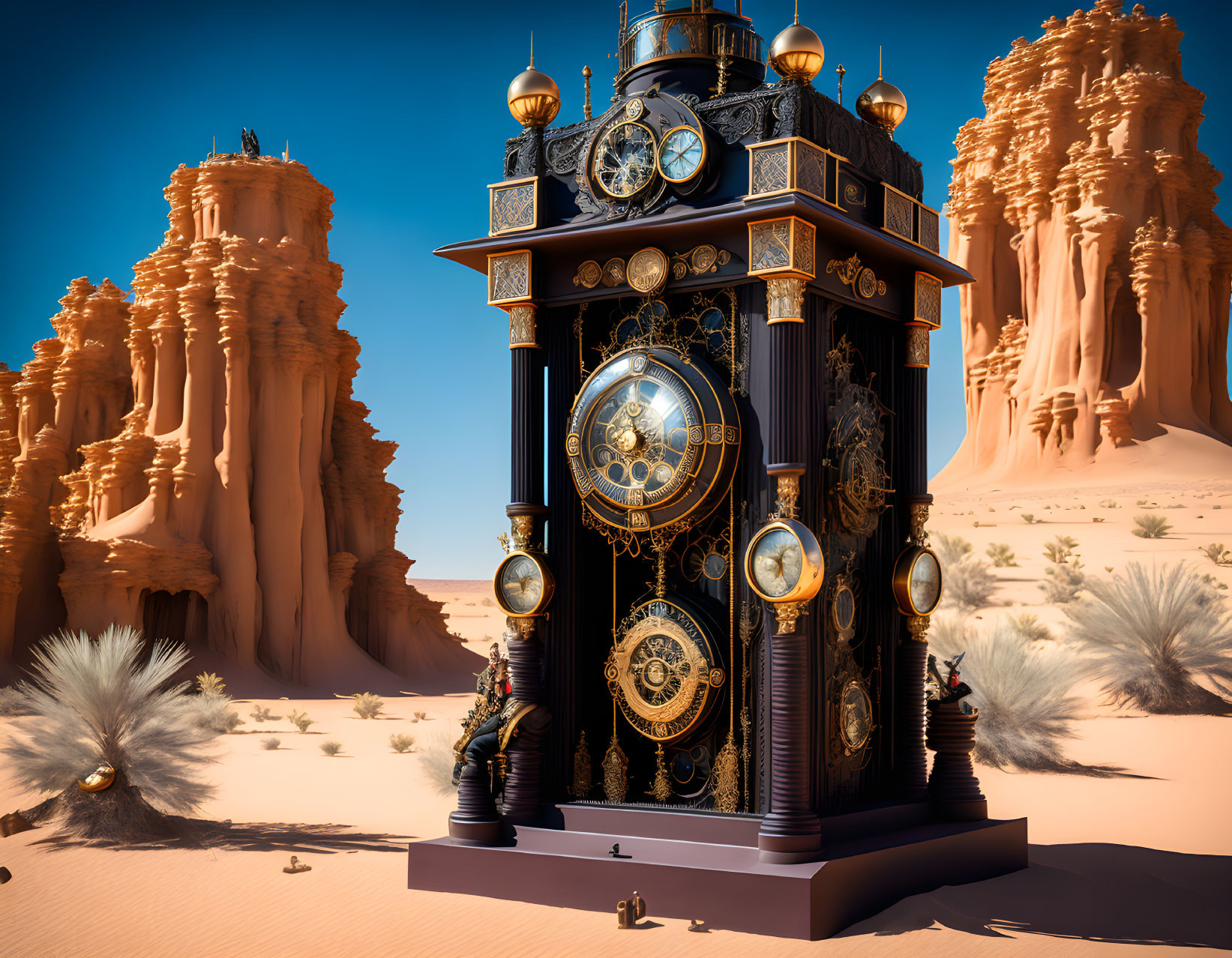 Steampunk-inspired clock tower in desert landscape