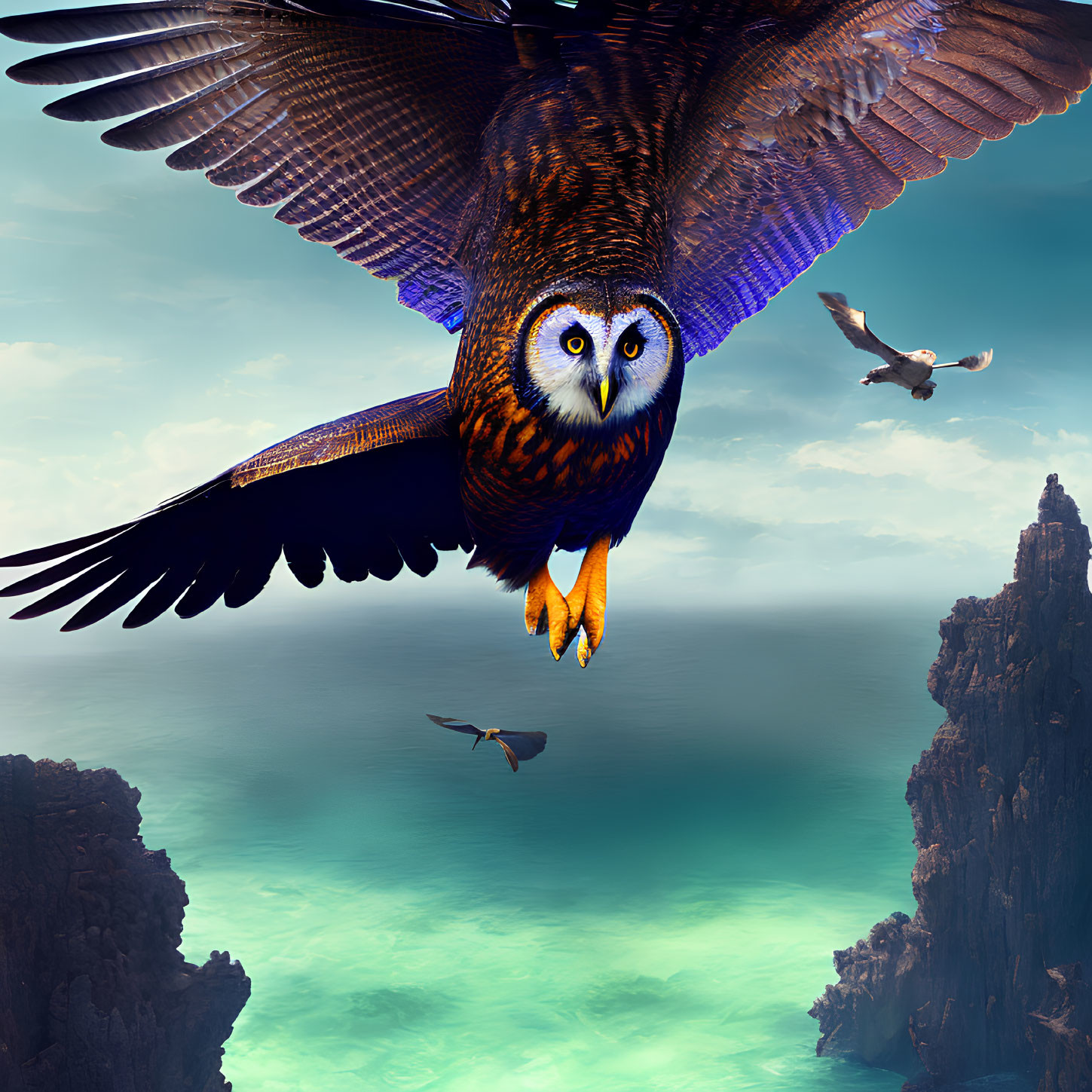 Majestic owl soaring over sea cliffs and azure waters