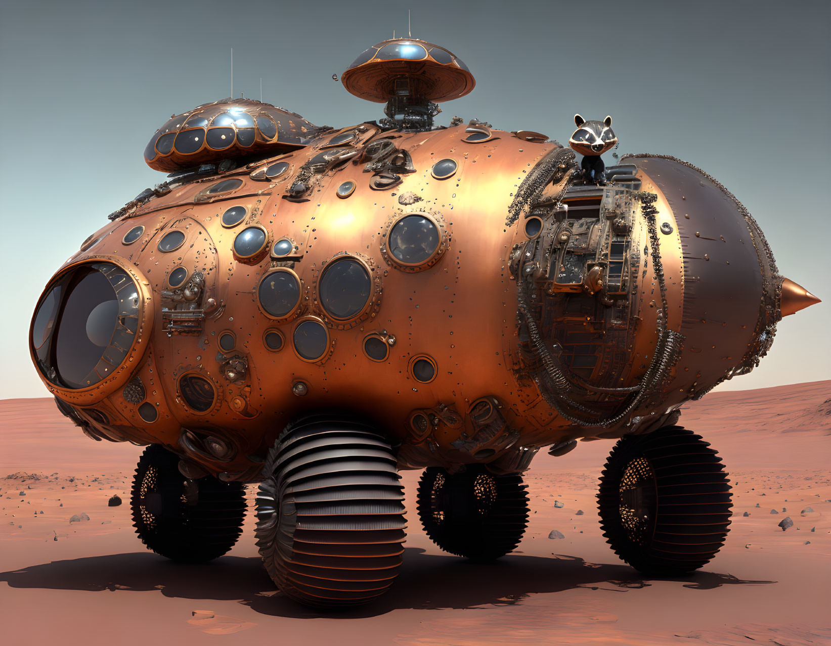 Futuristic orange steampunk vehicle on Mars with robot raccoon