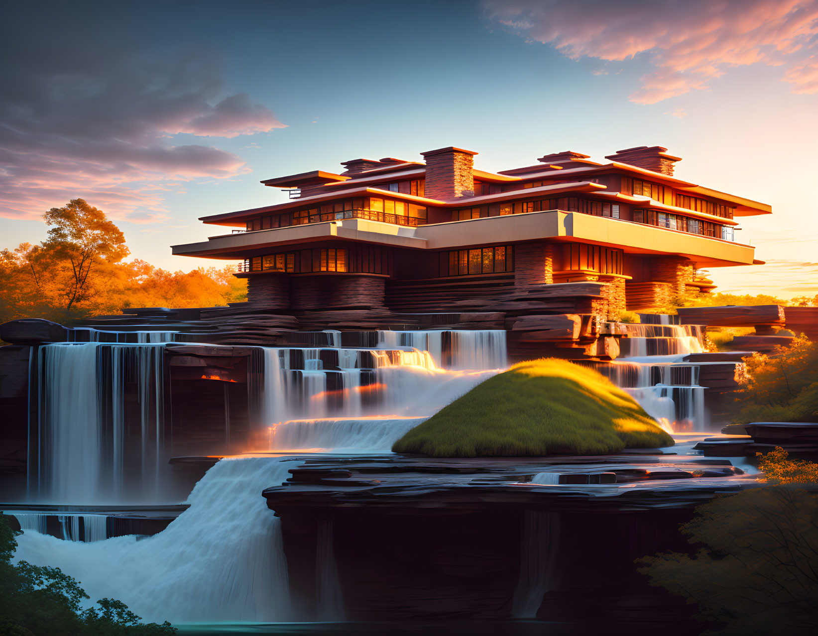 Modern multi-tiered house above cascading waterfalls at vibrant sunset surrounded by lush nature.