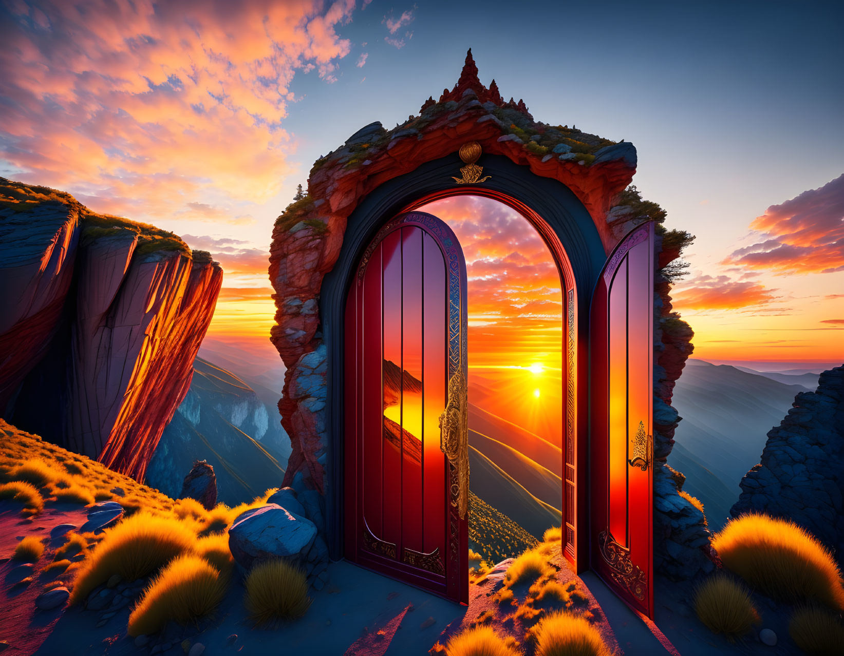 Ornate open door on cliff frames vibrant canyon sunset