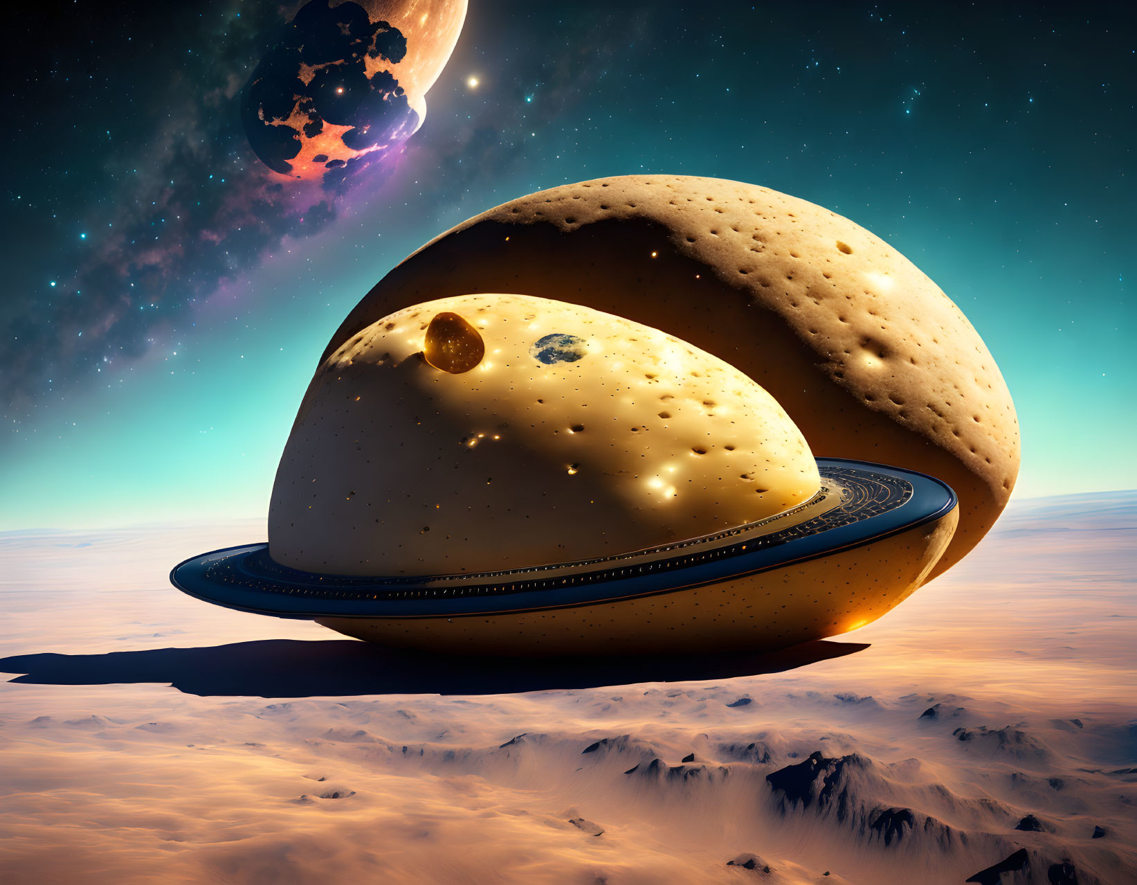 Surreal landscape with giant hamburger spaceship on alien planet