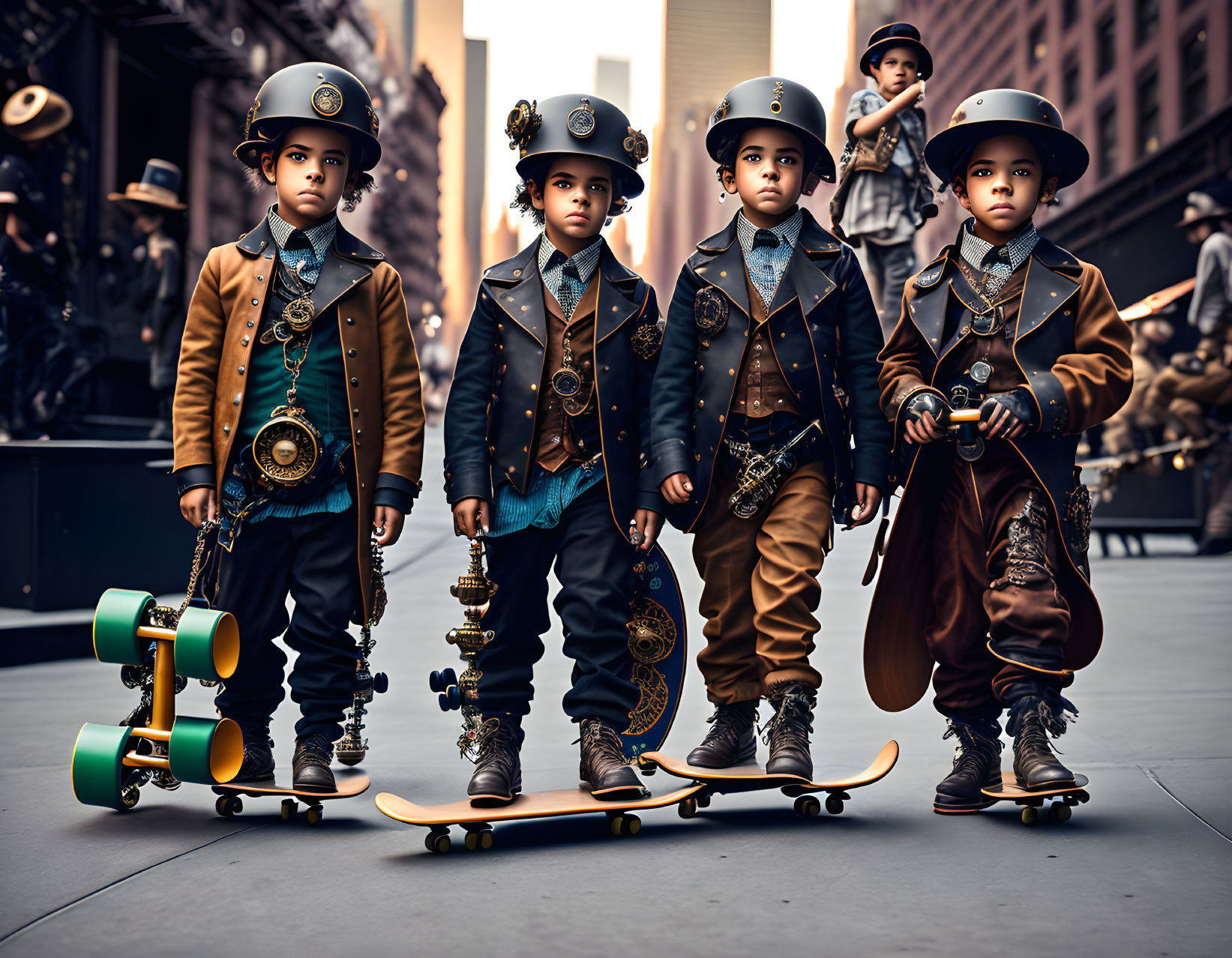 Four children in vintage-inspired outfits with hats and skateboards on urban street