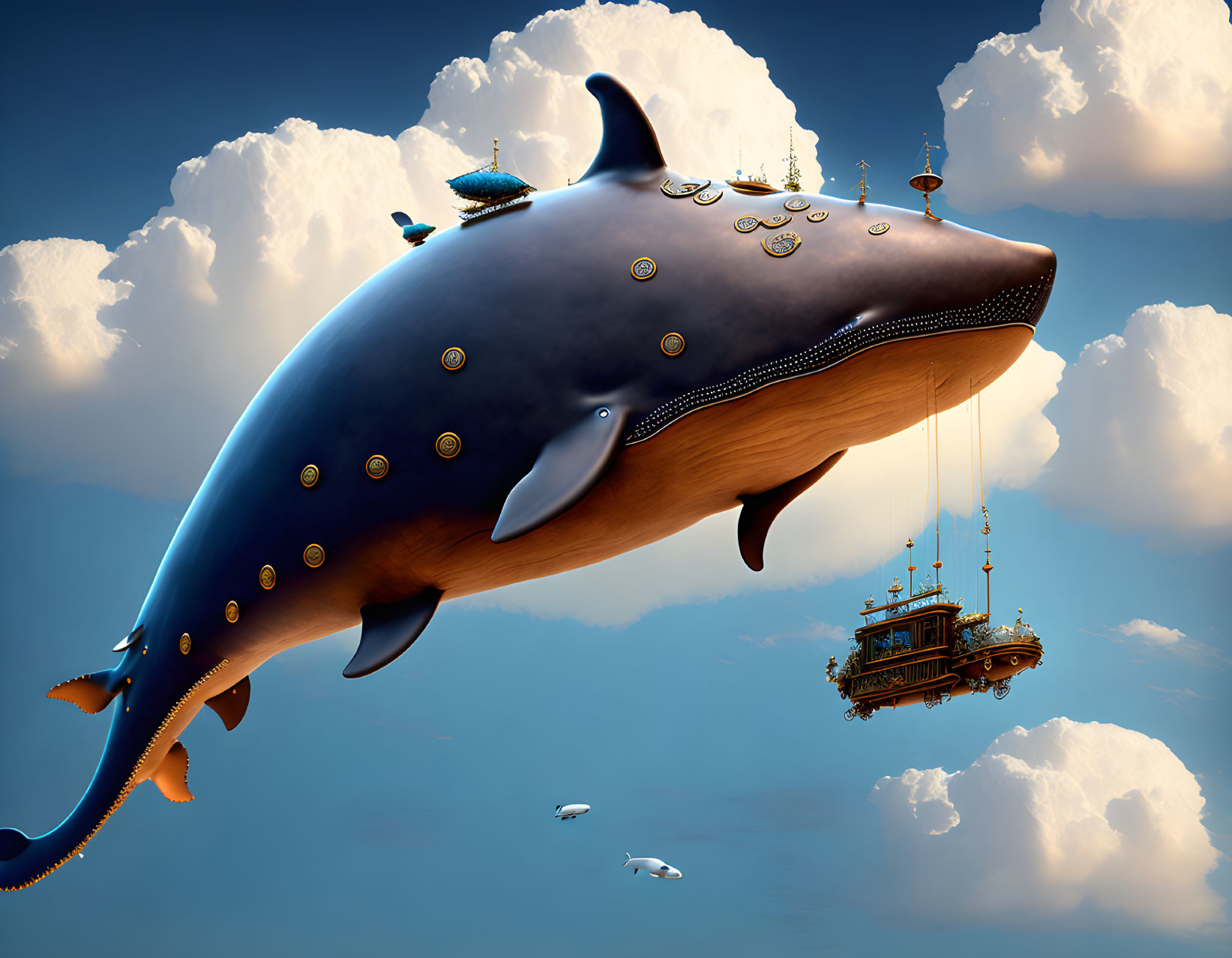 Giant flying whale with deck, smaller whales, and wooden airship beneath