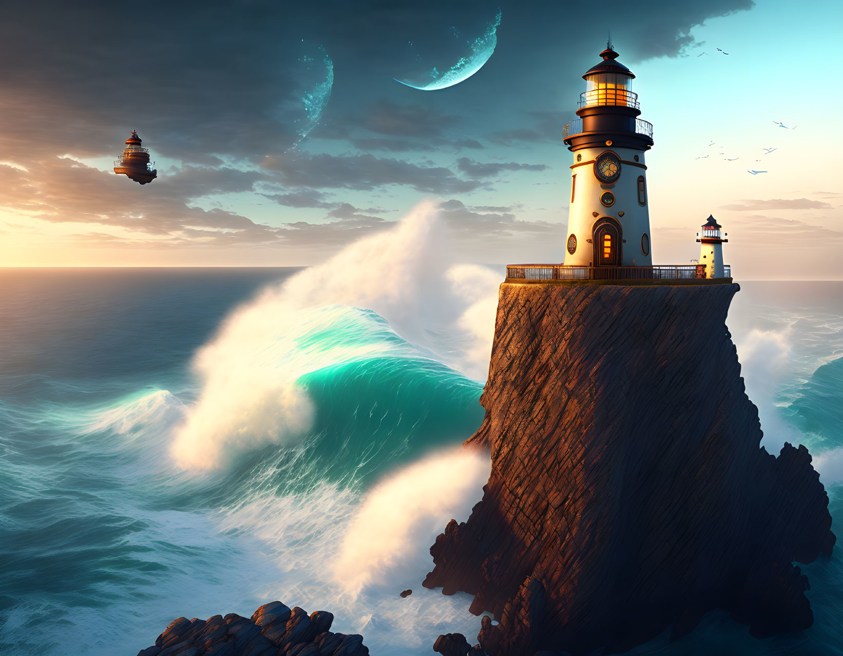 Fantastical lighthouse on cliff with crescent moon and floating island