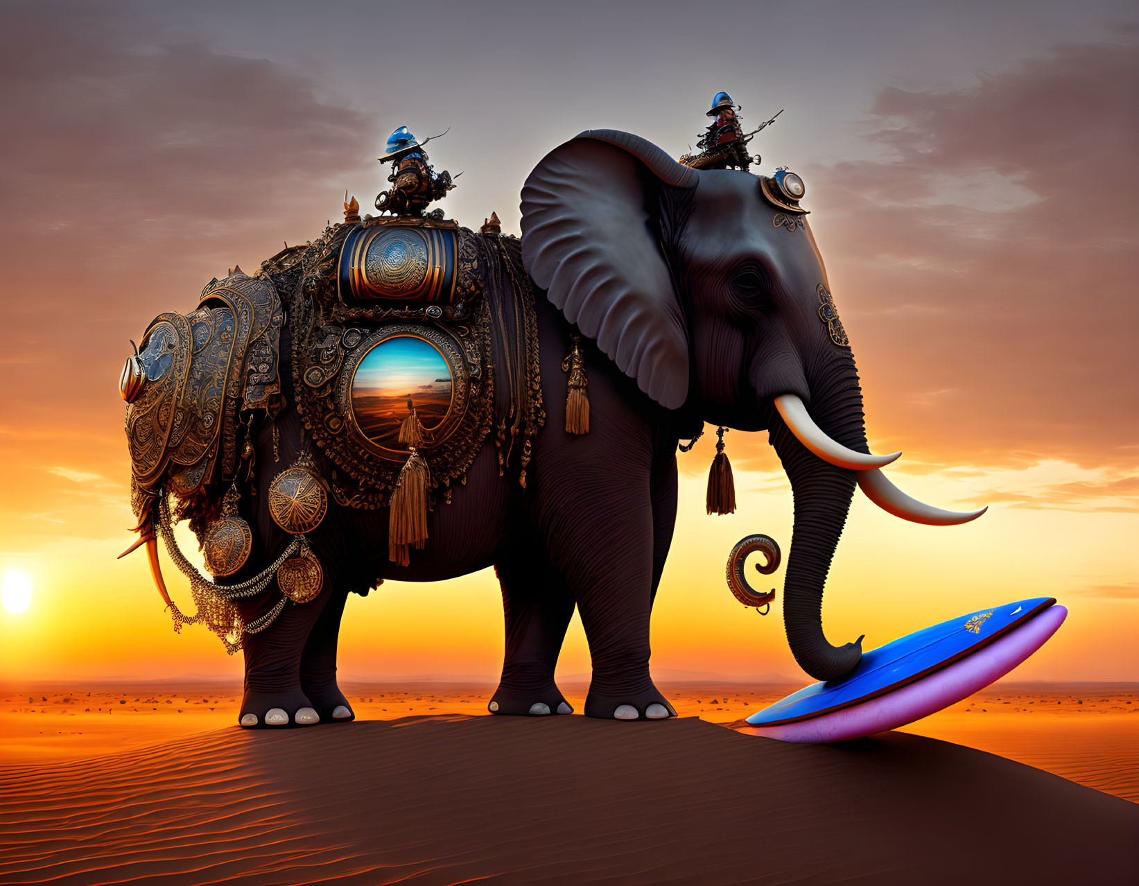 Elephant in armor with surfboard and futuristic riders on dune at sunset