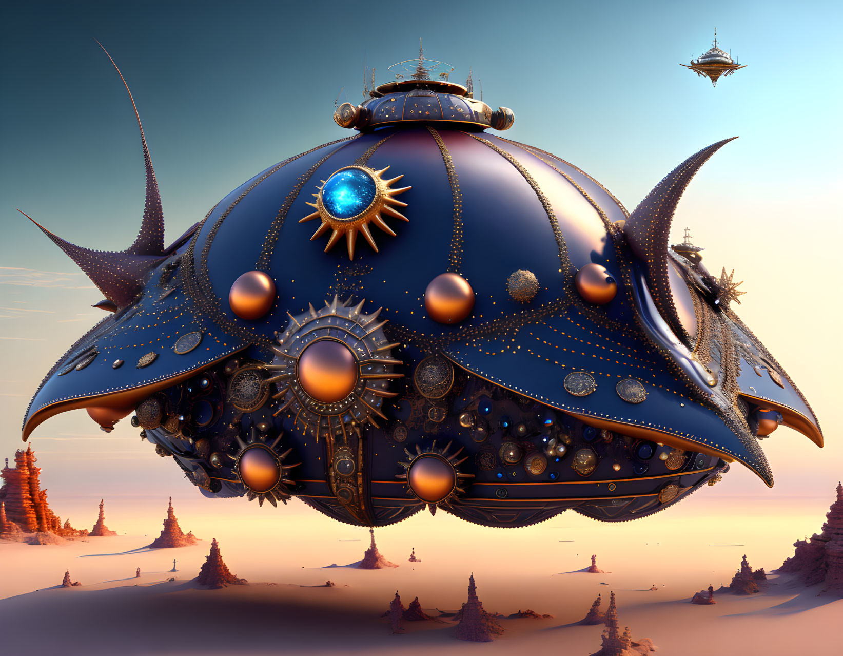 Fantastical airship with spiked protrusions in desert sunset landscape