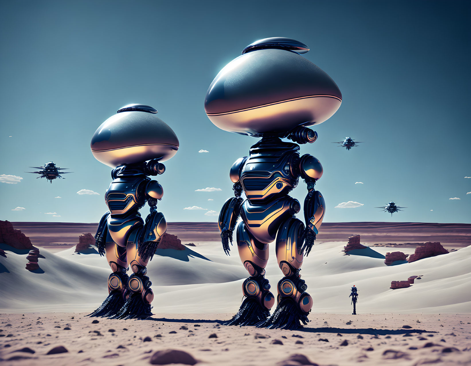 Futuristic robots and drones in desert landscape