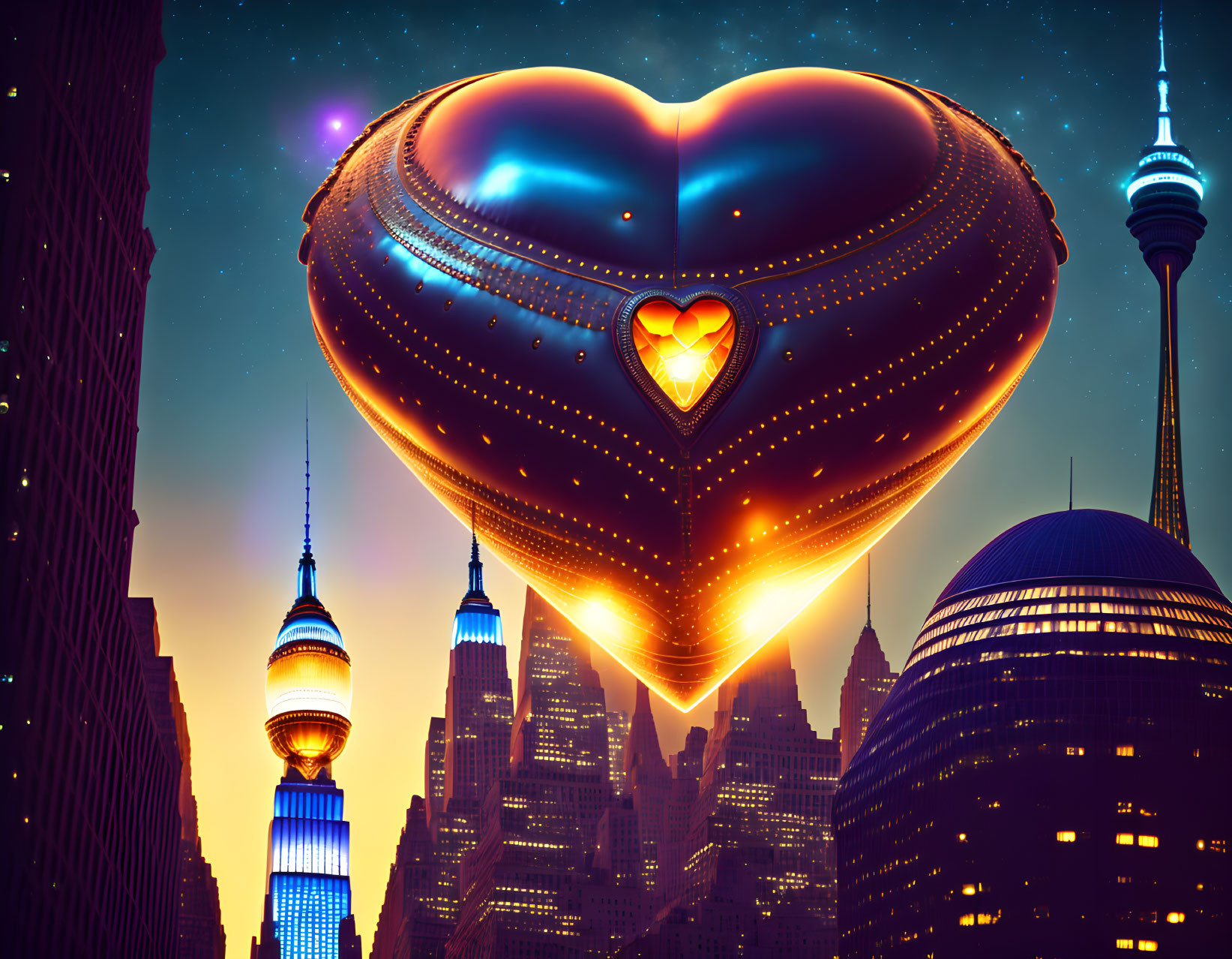 Heart-shaped airship illuminated over city skyline at twilight