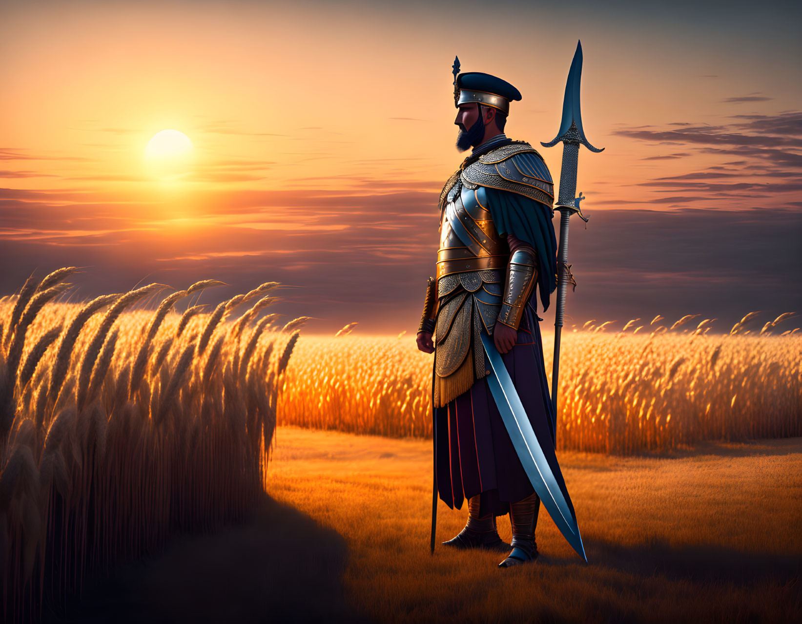 Armored medieval knight with sword and axe in golden wheat field at sunset