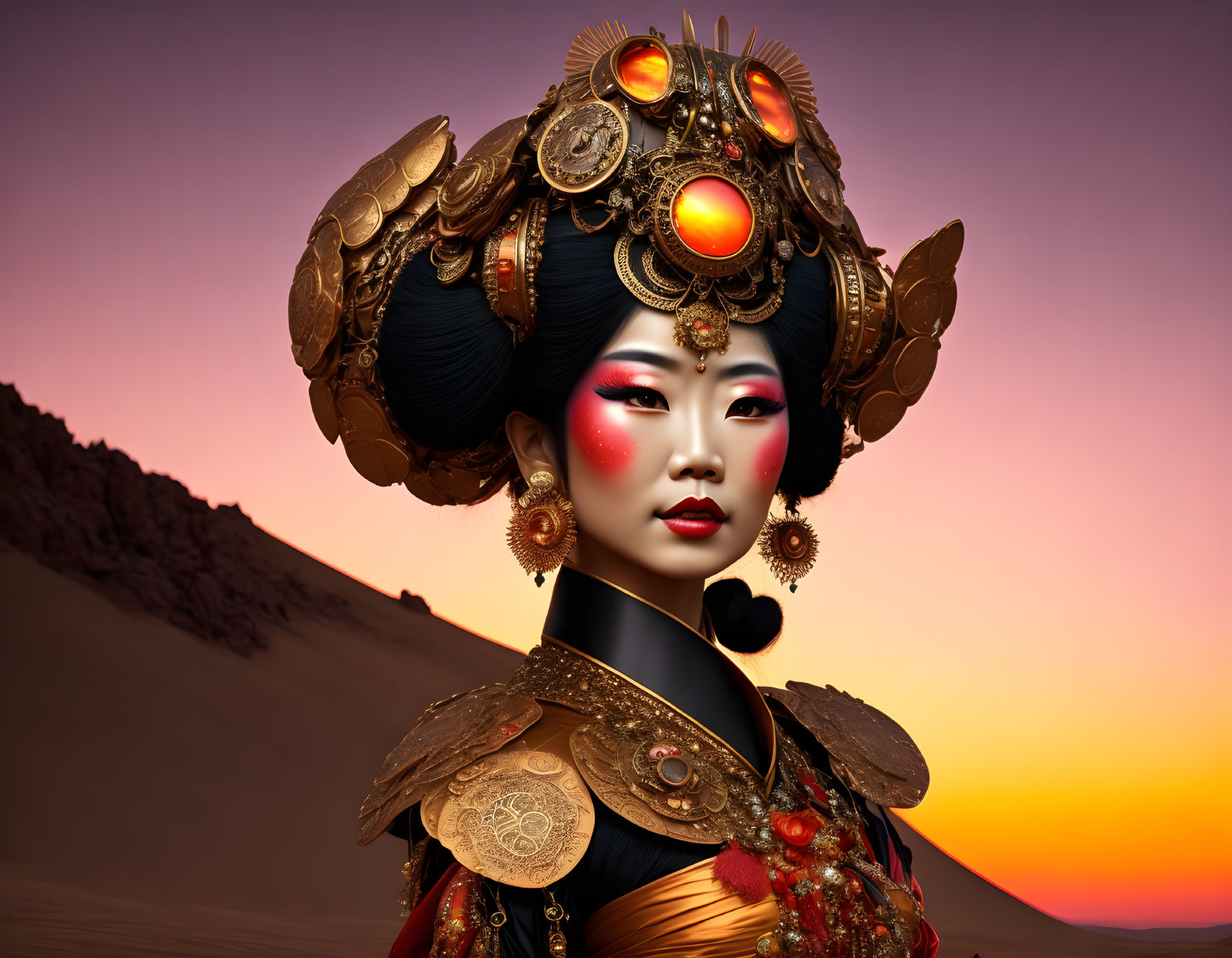 Traditional Eastern makeup and headdress on woman in desert sunset.