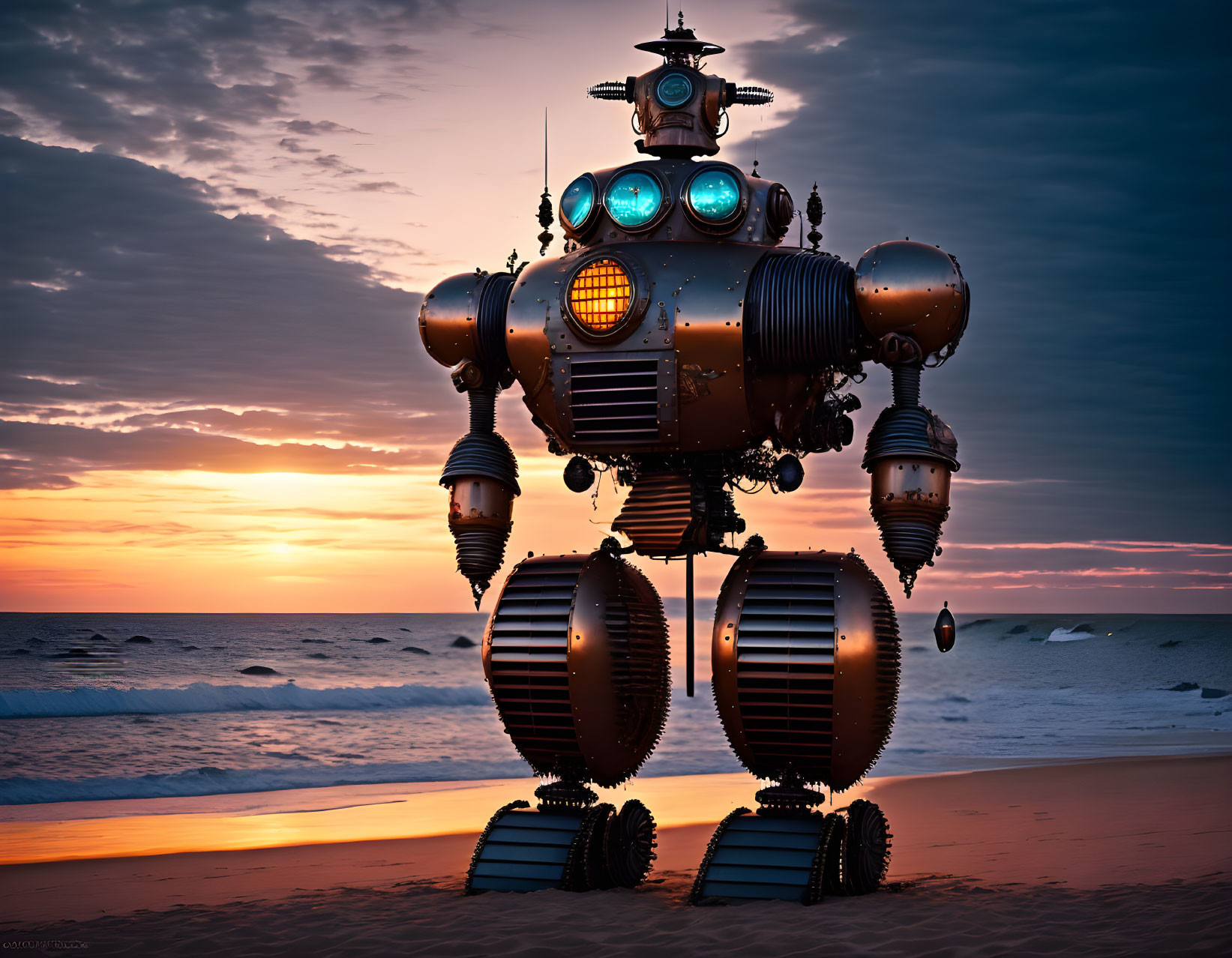 Intricate steampunk robot silhouette on beach at sunset