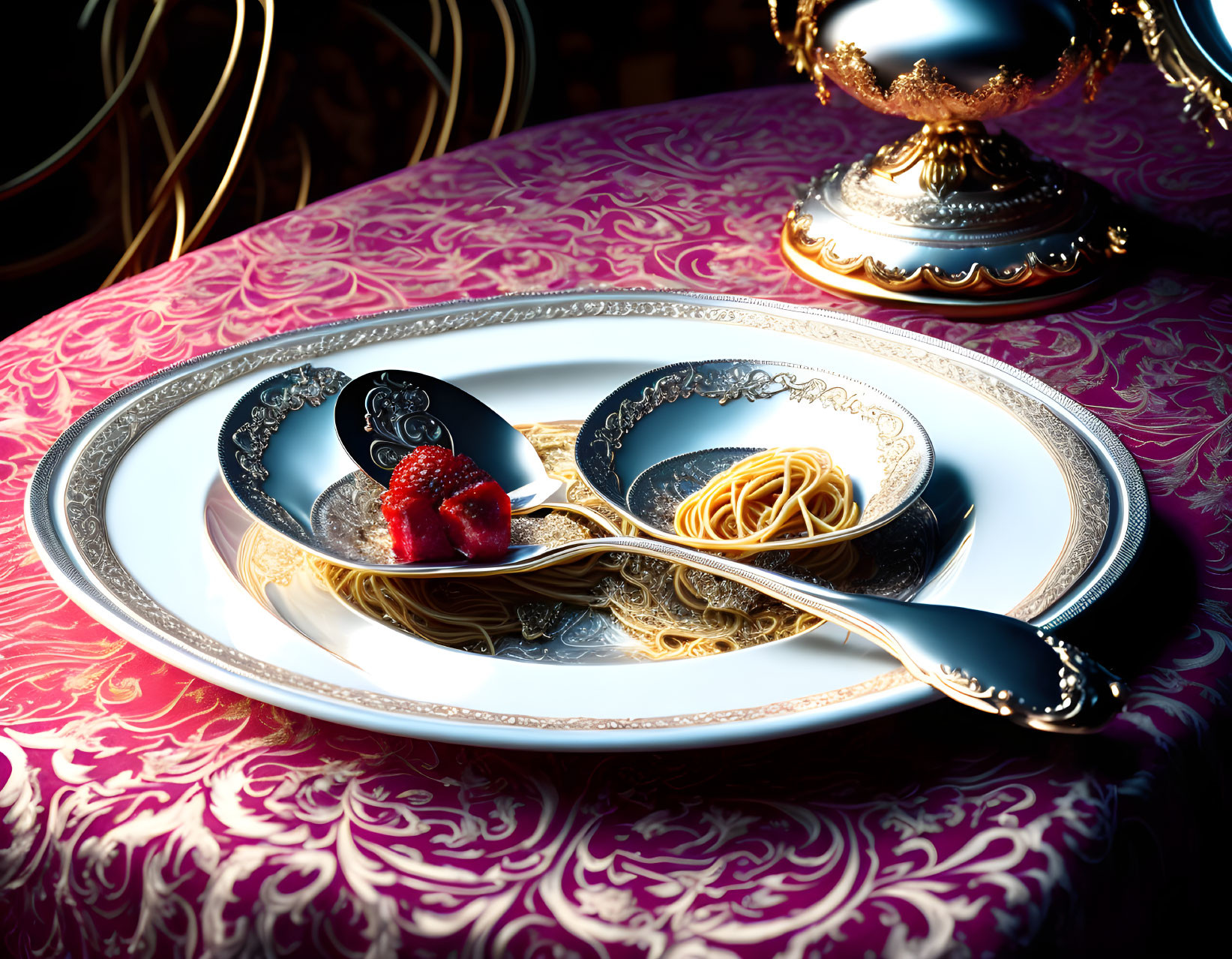 Opulent table setting with raspberry, spaghetti, and silverware on red background