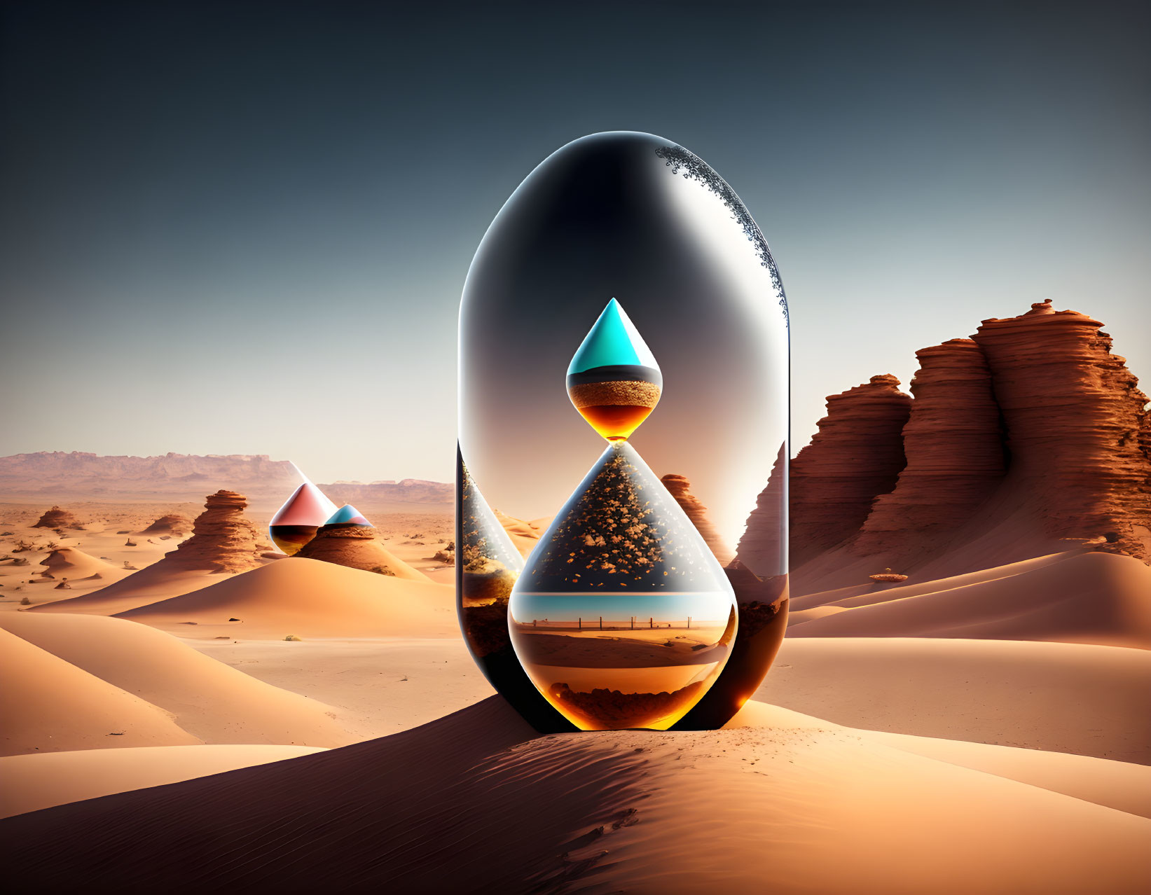 Surreal desert landscape with hourglass shapes and reflective surfaces among dunes and rock formations