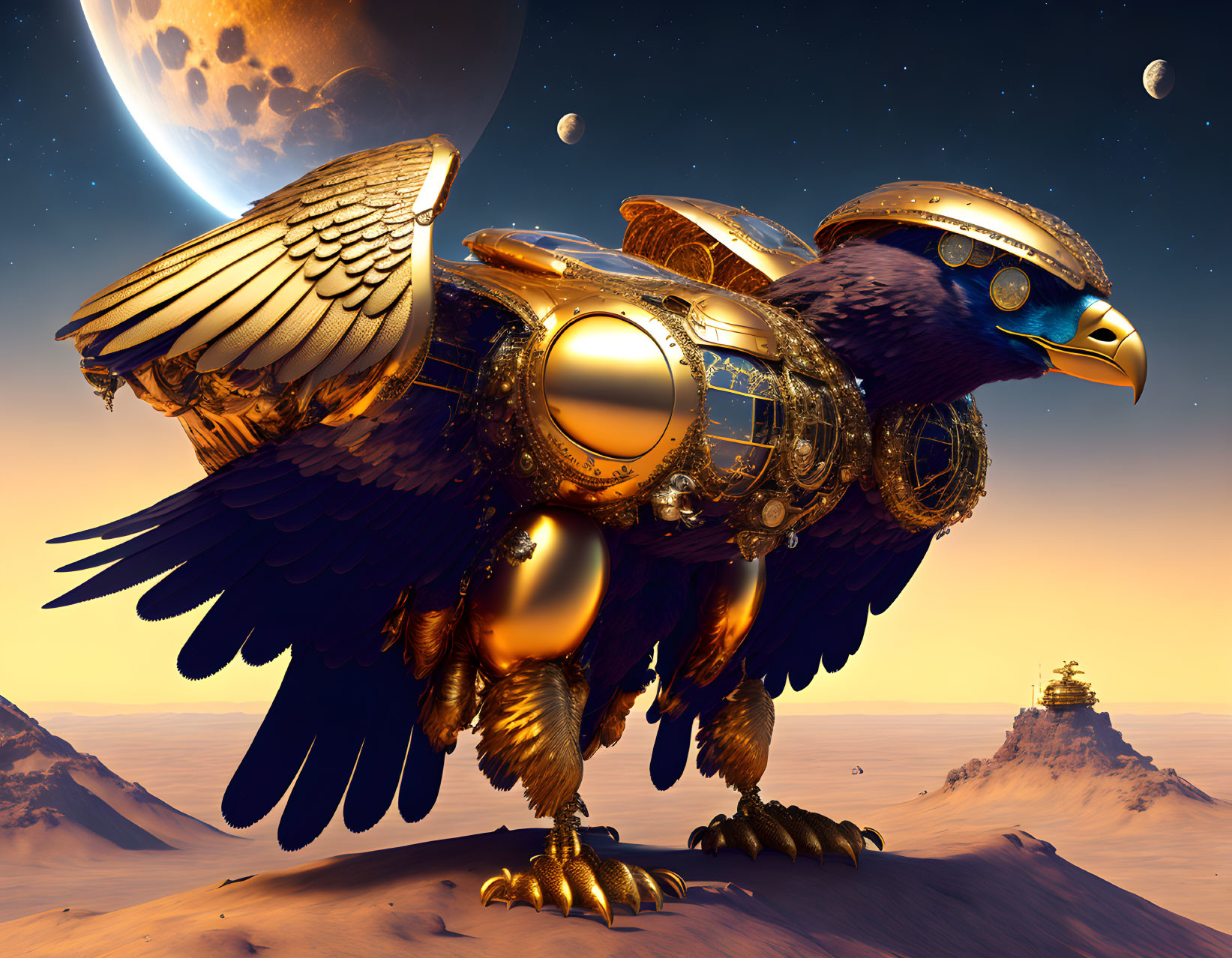 Steampunk-style mechanical eagle on rocky terrain with golden details.