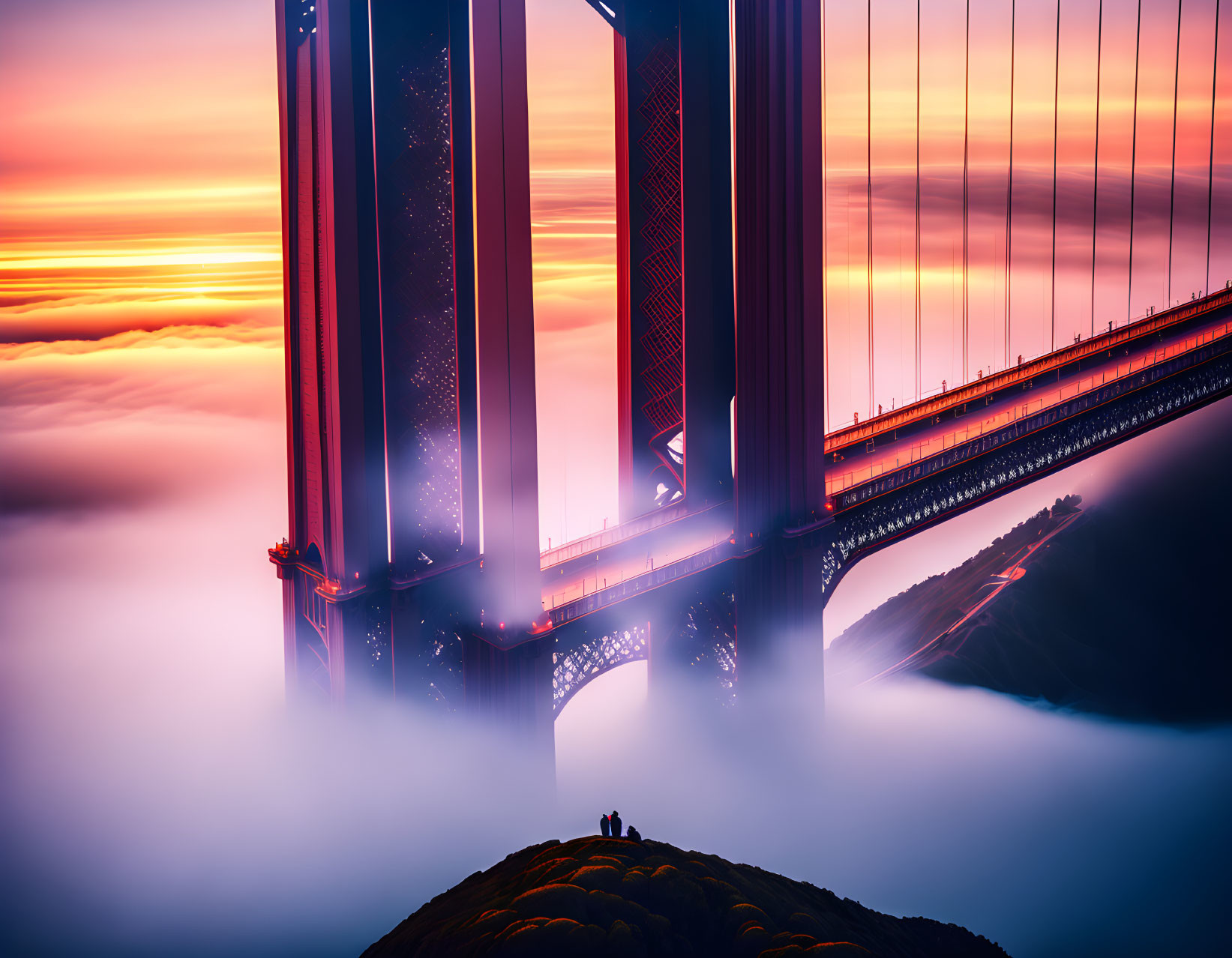 Majestic bridge over sea of clouds at sunset with silhouetted figures