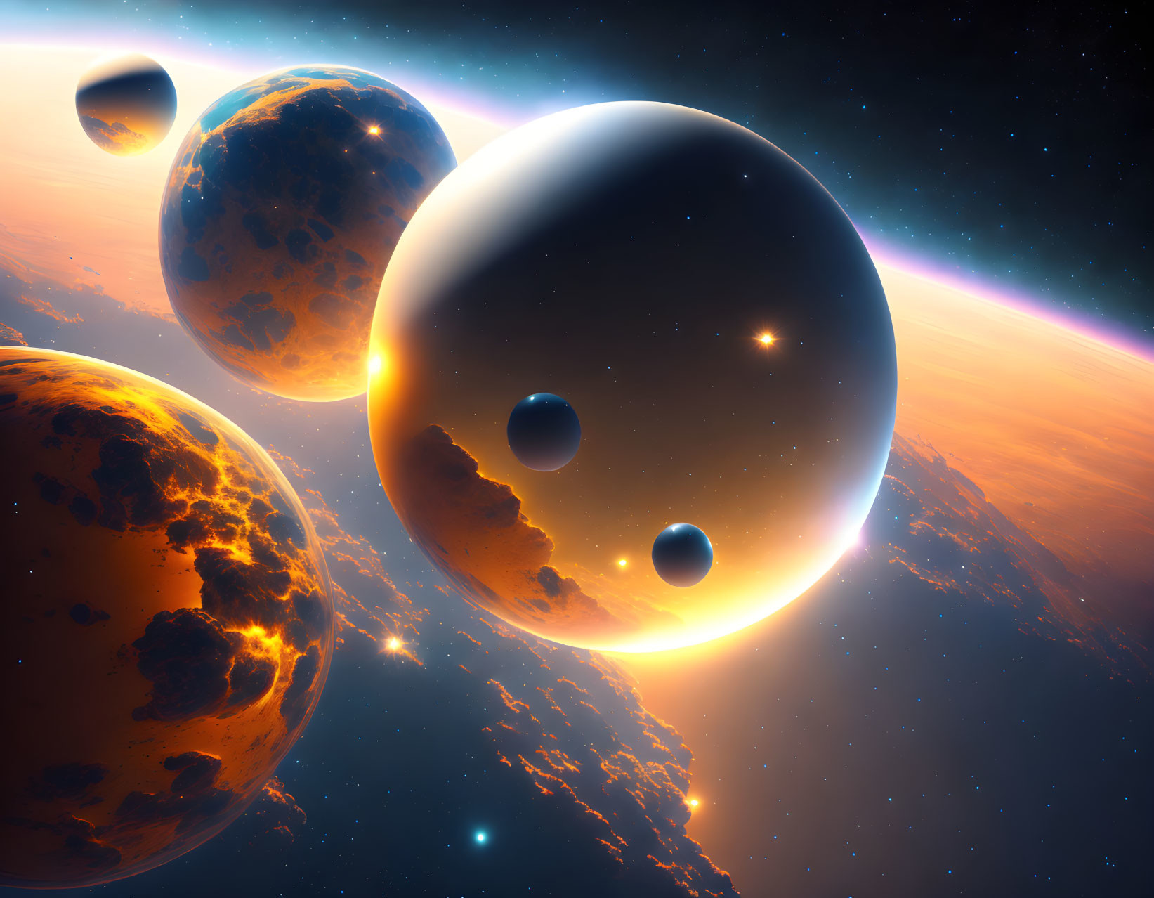 Multiple planets in cosmic scene with fiery orange to deep blue gradient