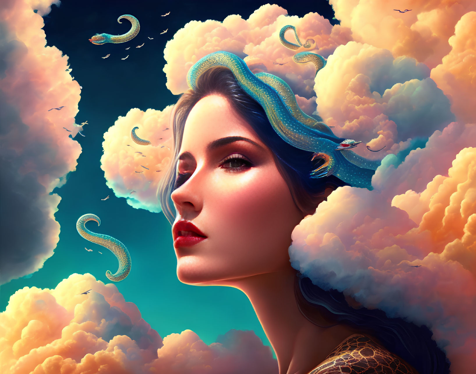 Surreal portrait of woman with snakes in hair in dreamlike sky