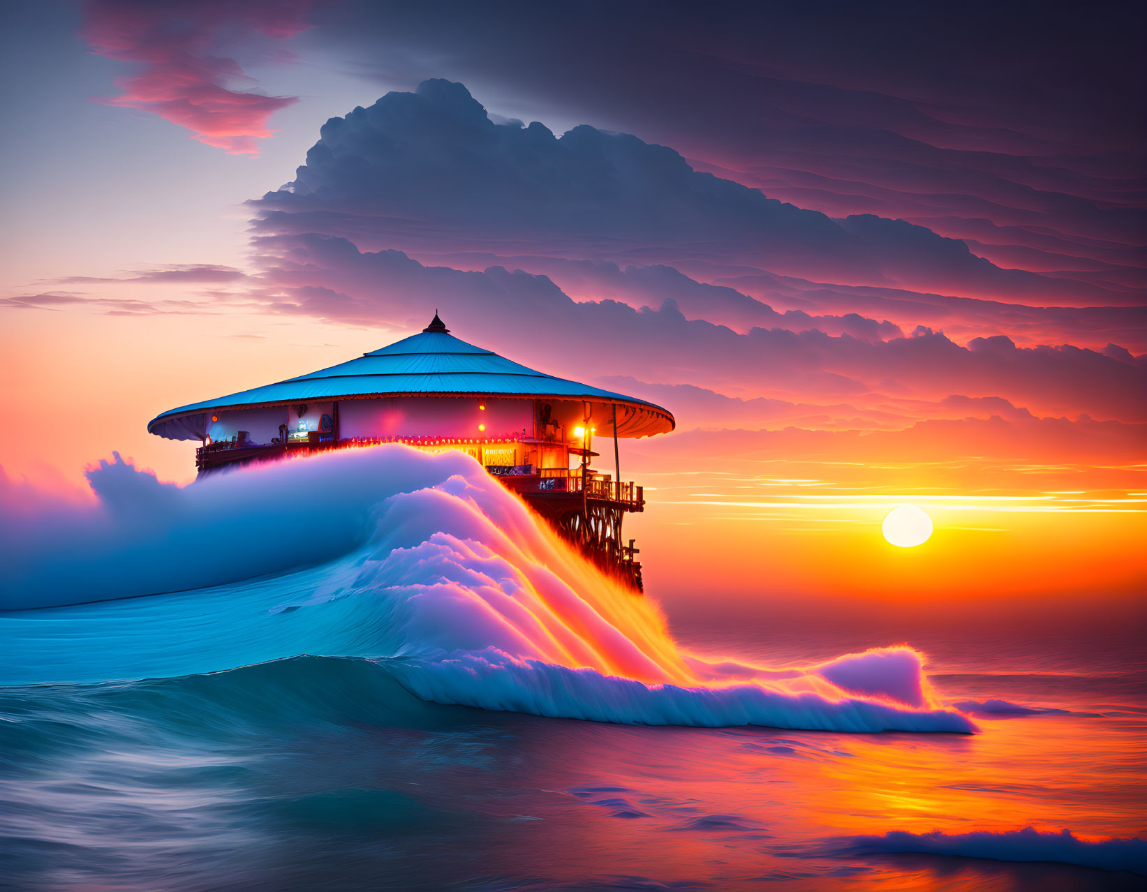 Circular pier with pavilion on wave under vibrant sunset