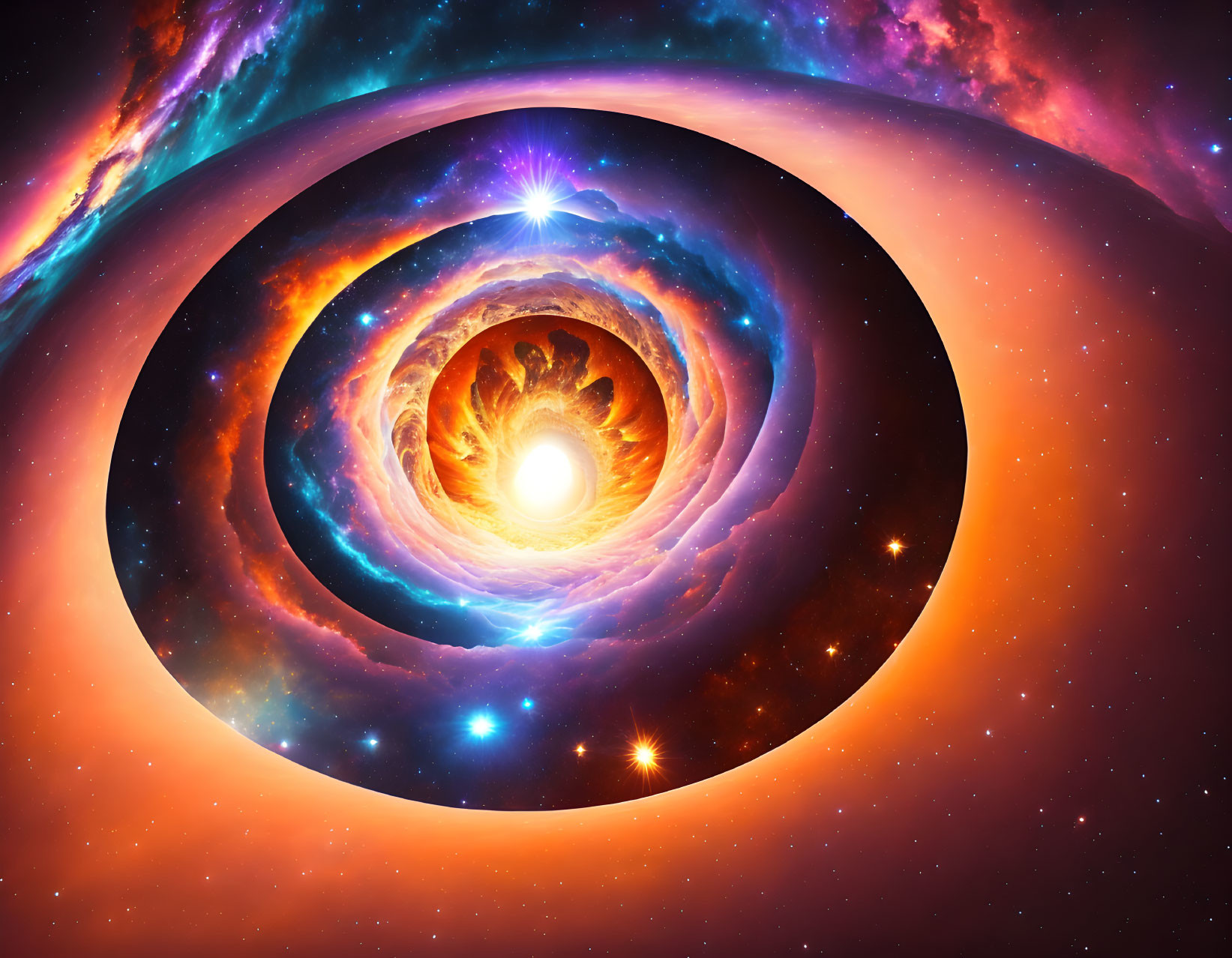 Colorful cosmic spiral with radiant celestial bodies in digital art.