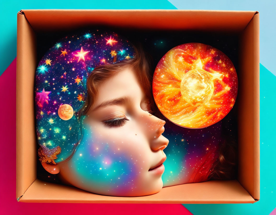 Surreal image: Woman's face merging with cosmos and sun in cardboard box