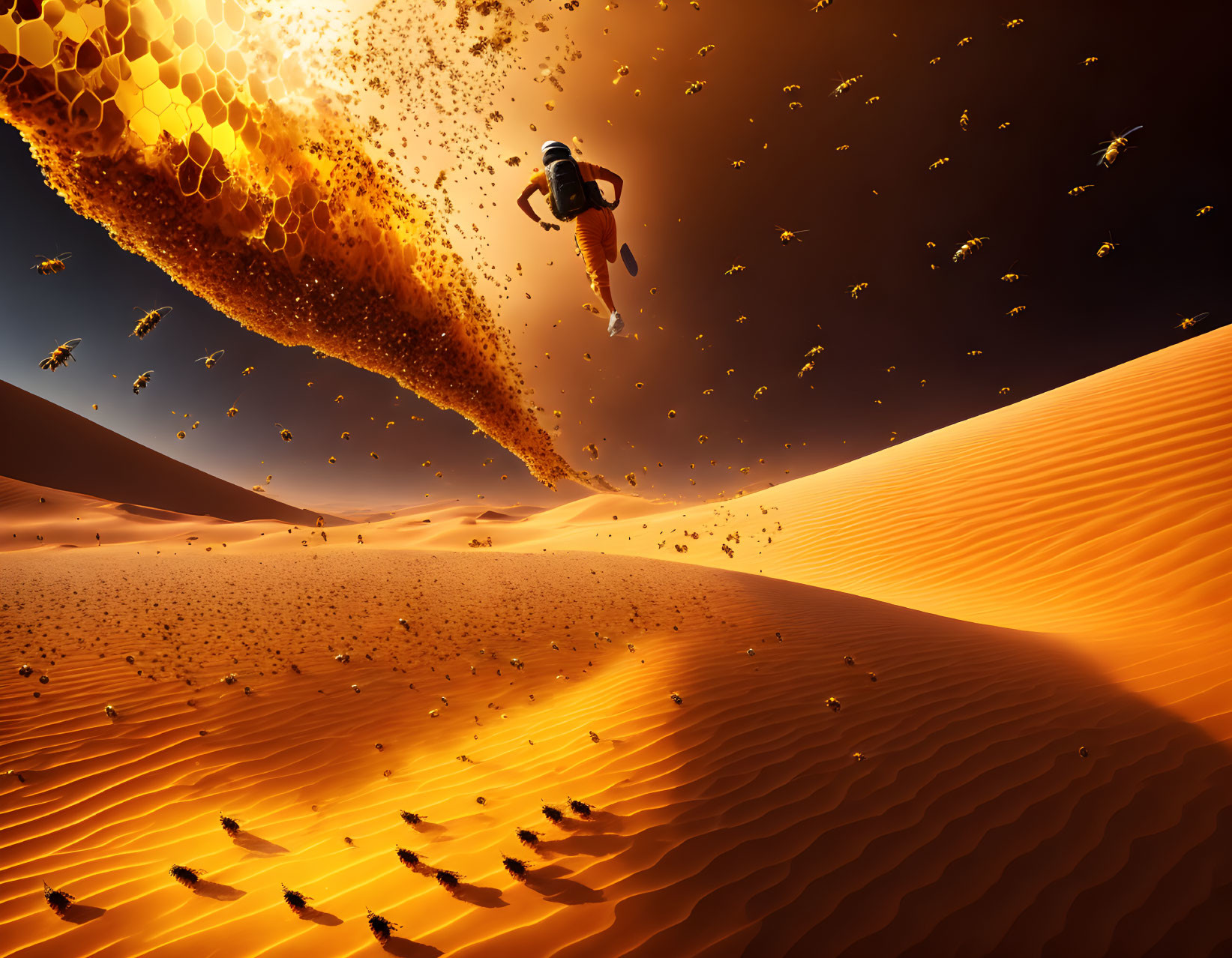 Person in spacesuit leaps over sand dunes under surreal sky with honeycomb structures and bees in fiery