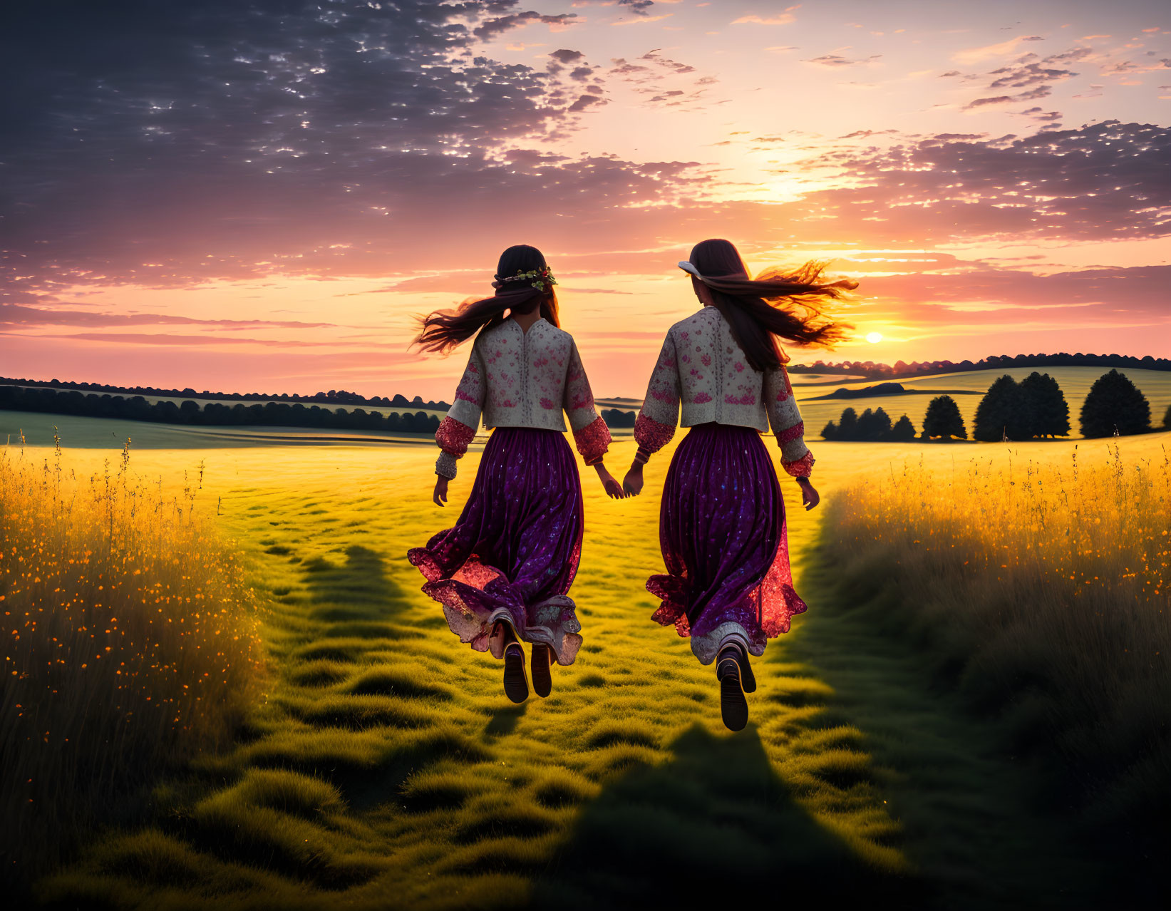 Two people in traditional attire running in meadow at sunset with vibrant sky.