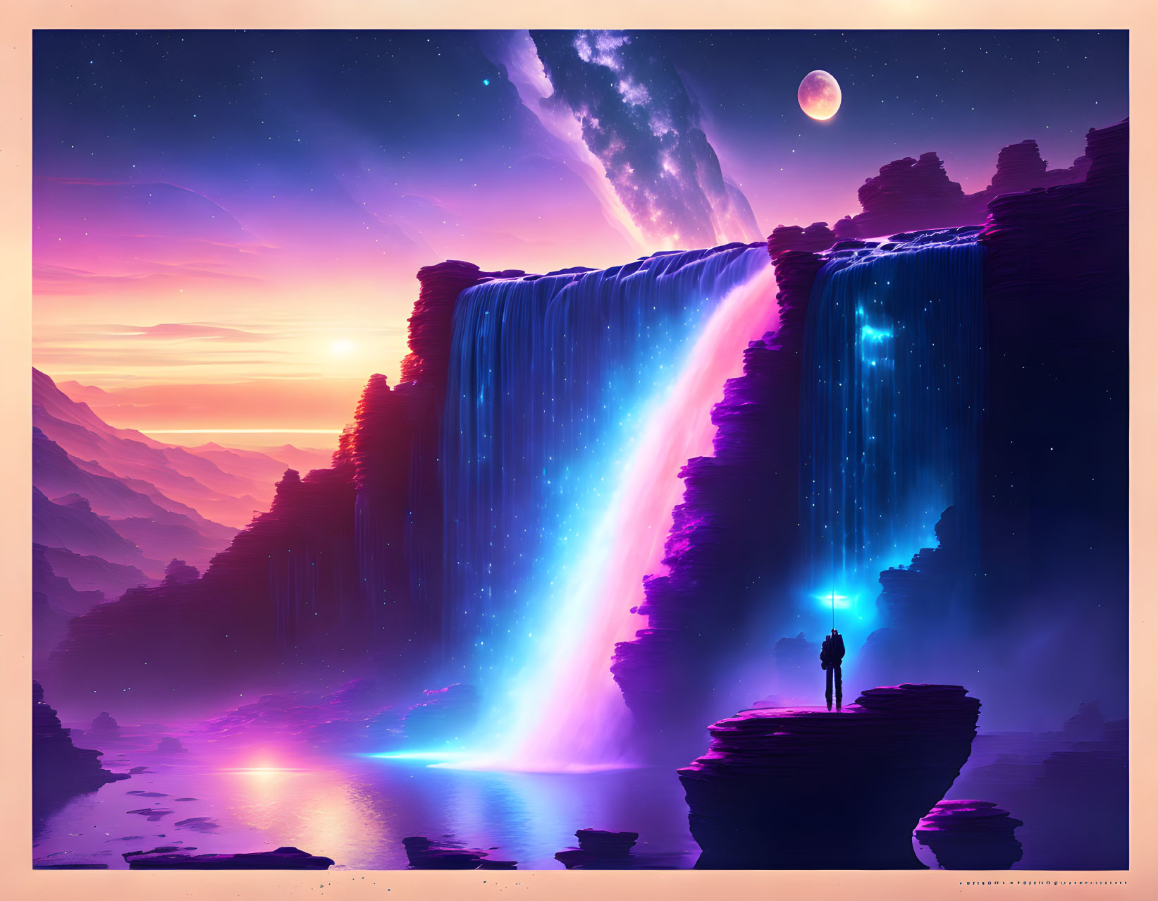 Surreal landscape with vibrant waterfalls, person silhouette, purple sky, stars, and large moon