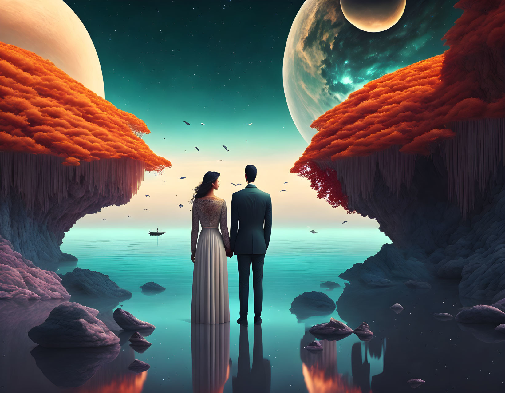 Couple on rocky outcrop gazes at surreal landscape with planets, ocean, stars, birds,