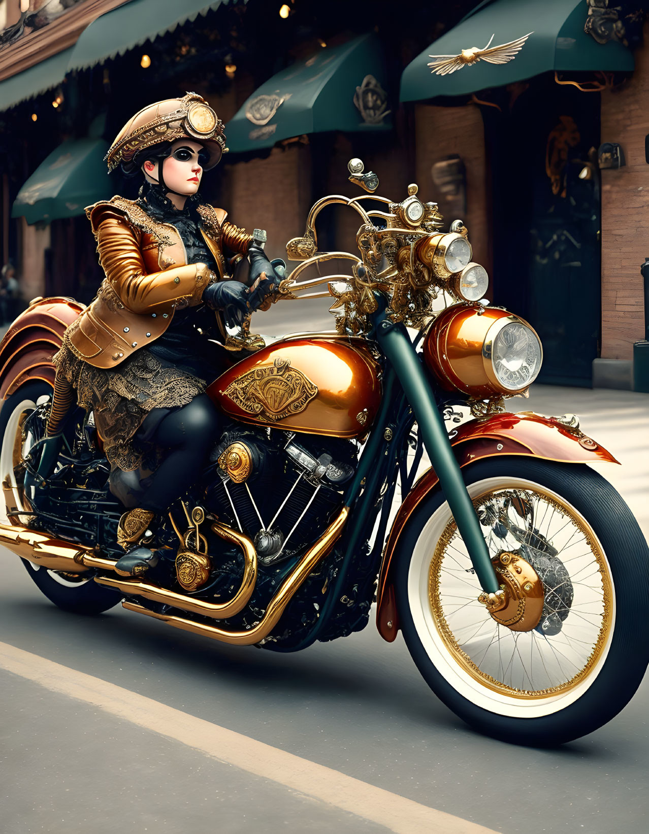 Steampunk attire person on vintage motorcycle with gold accents in city street