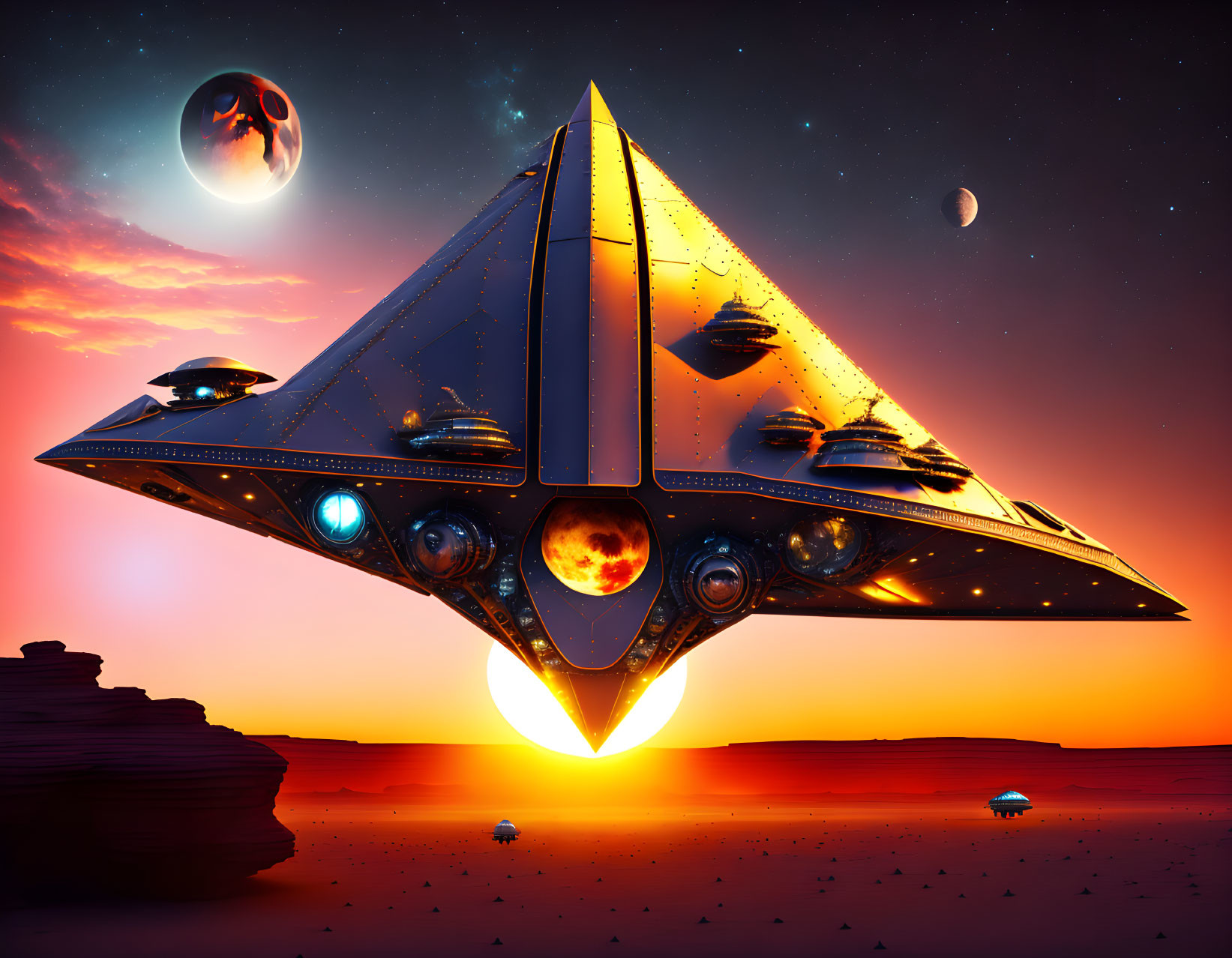 Futuristic spaceship landing on alien desert with multiple moons