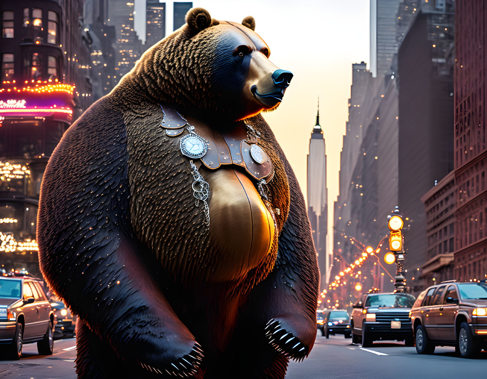 Giant bear sculpture with medallions in city street at dusk