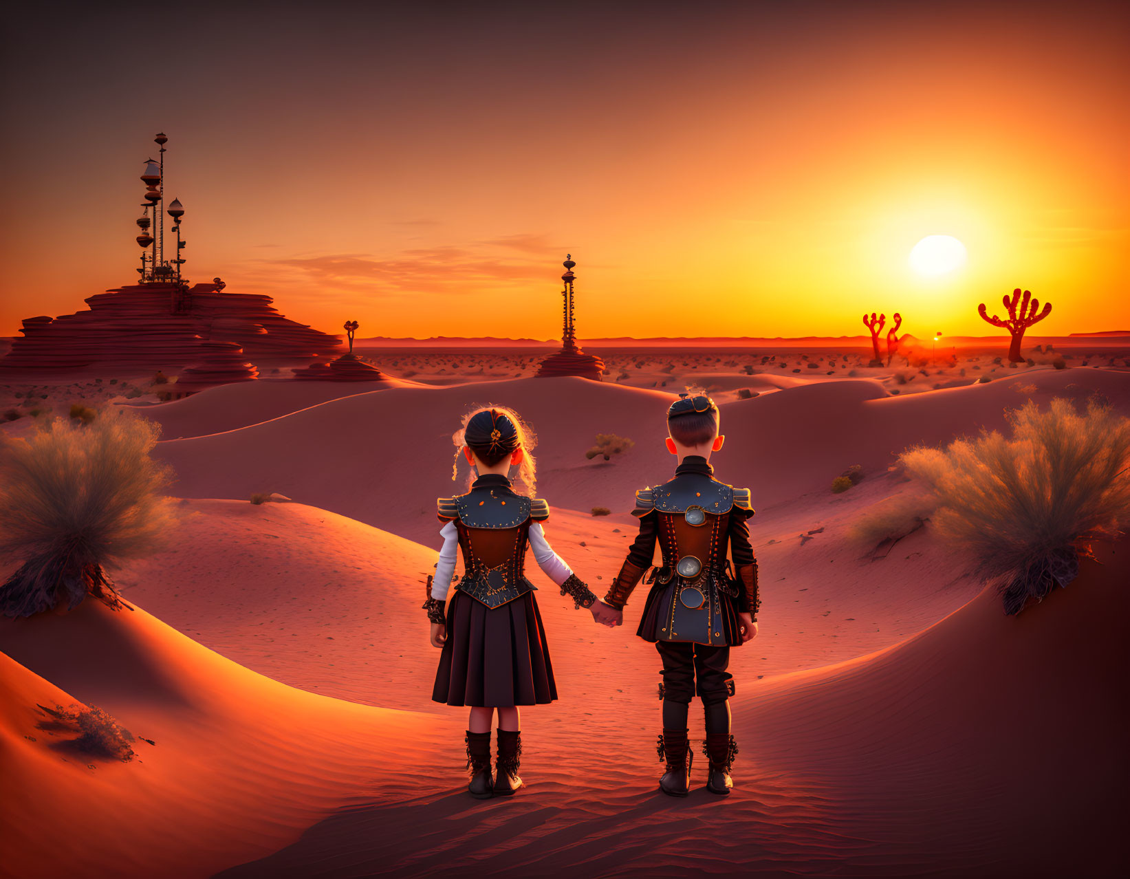 Steampunk couple holding hands in desert sunset scene