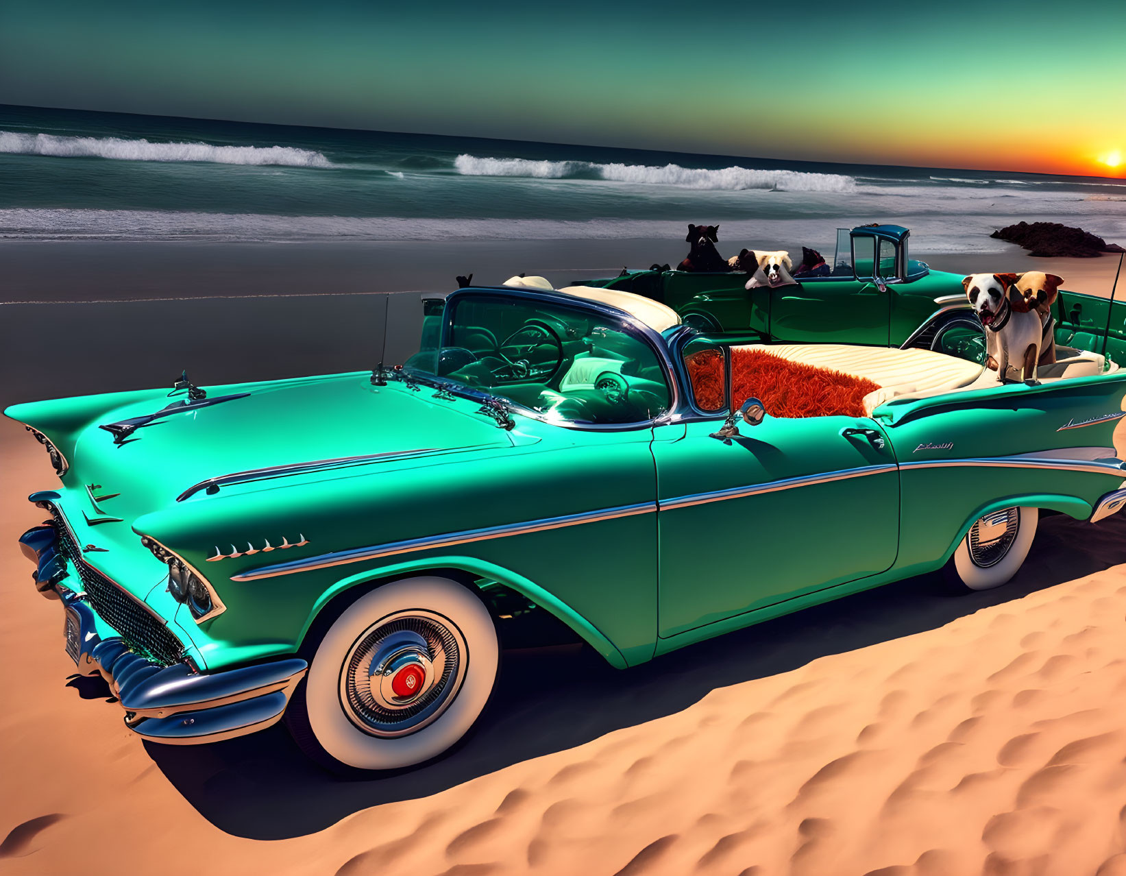 Vintage Turquoise Convertible with Dog on Beach at Sunset