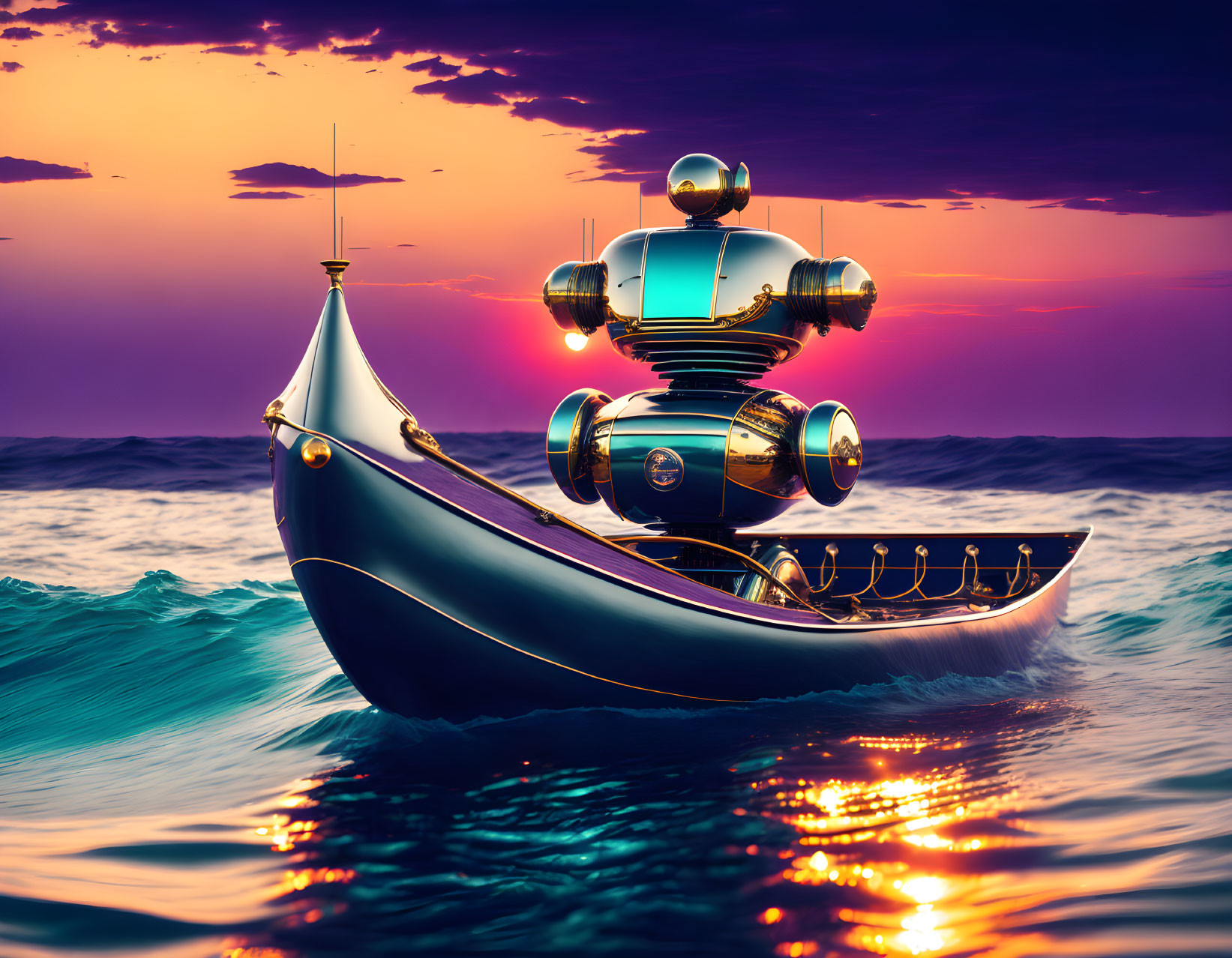 Futuristic robot on sleek boat in purple-orange sunset